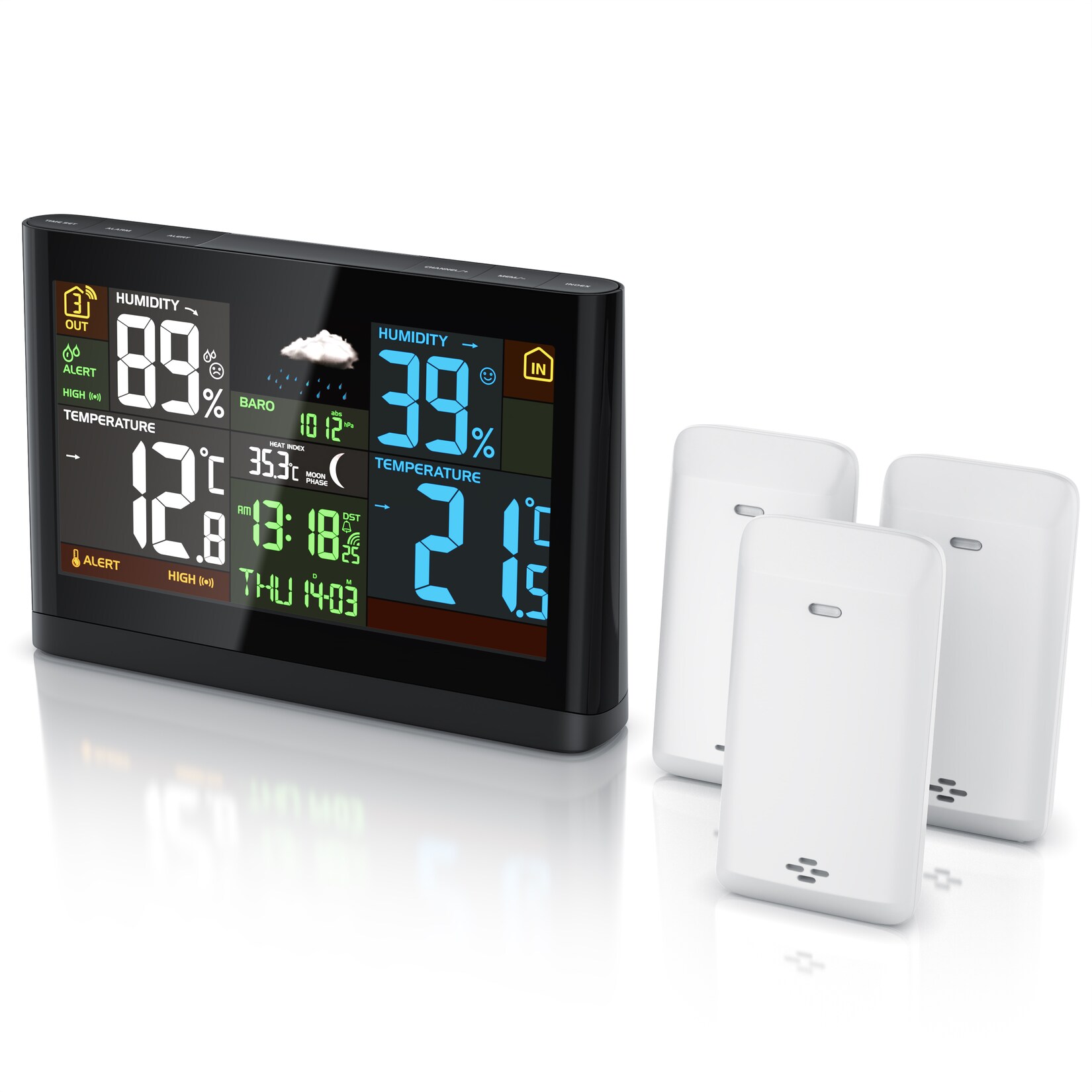 BEARWARE Wetterstation, Funk, Farbdisplay, 3 Außensensoren, DCF-Signal, Luftdruck, Barometer, Wetterprognose, Netzteil, Anleitung
