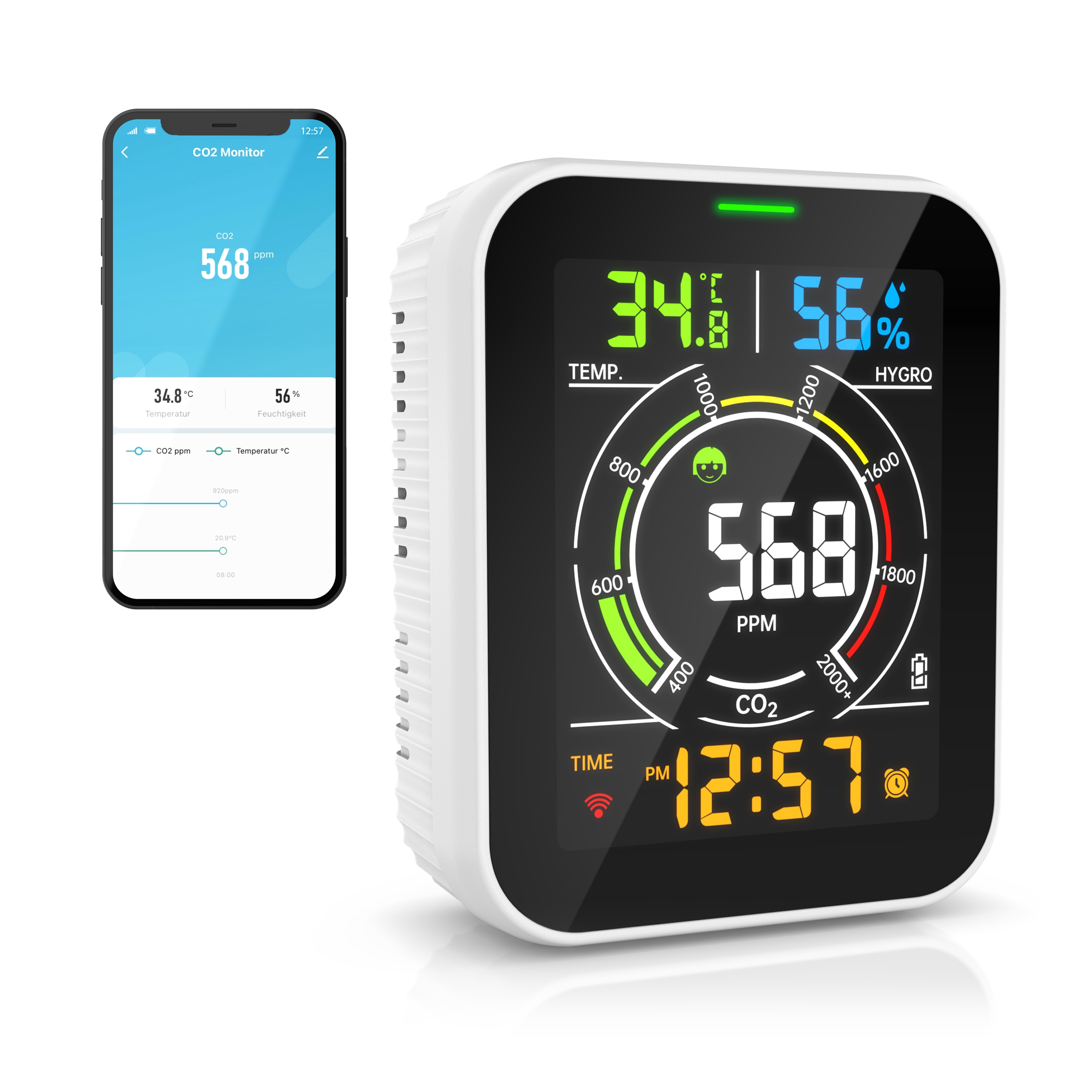 Brandson Raumluft-Qualit&auml;tssensor CO2-Messger&auml;t, Luftqualit&auml;tspr&uuml;fer WLAN, App, Kohlenstoffdioxid Sensor, Raumluft L&uuml;ftungsempfehlung, Temperatur/Luftfeuchtigkeit, Weckfunktion - Bild 1