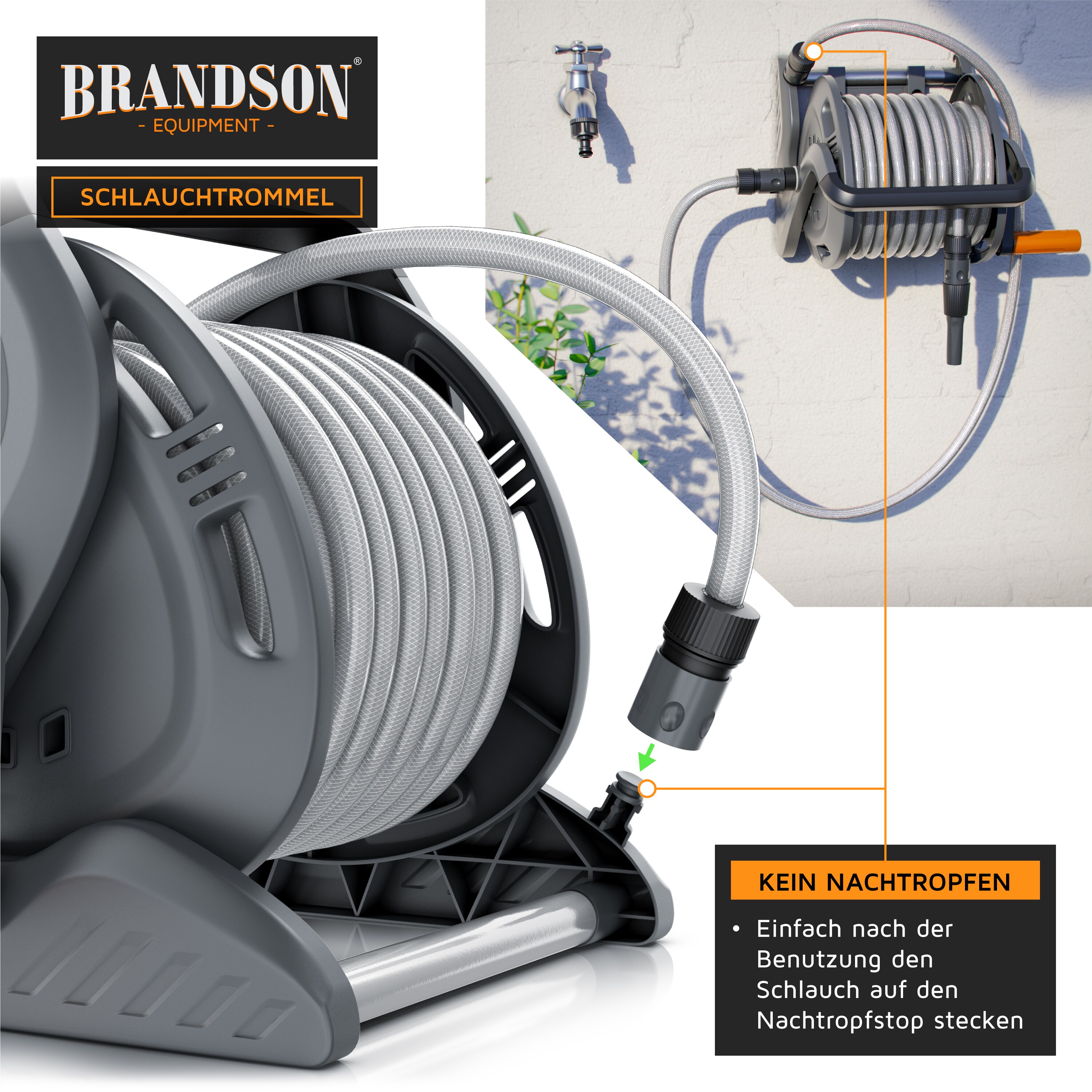 Brandson Schlauchtrommel Schlauchbox mit 20m Gartenschlauch, Drehgriff, Nachtropfstopp, Garten Schlauch Trommel mit Wandmontage, 1/2 Zoll, 3