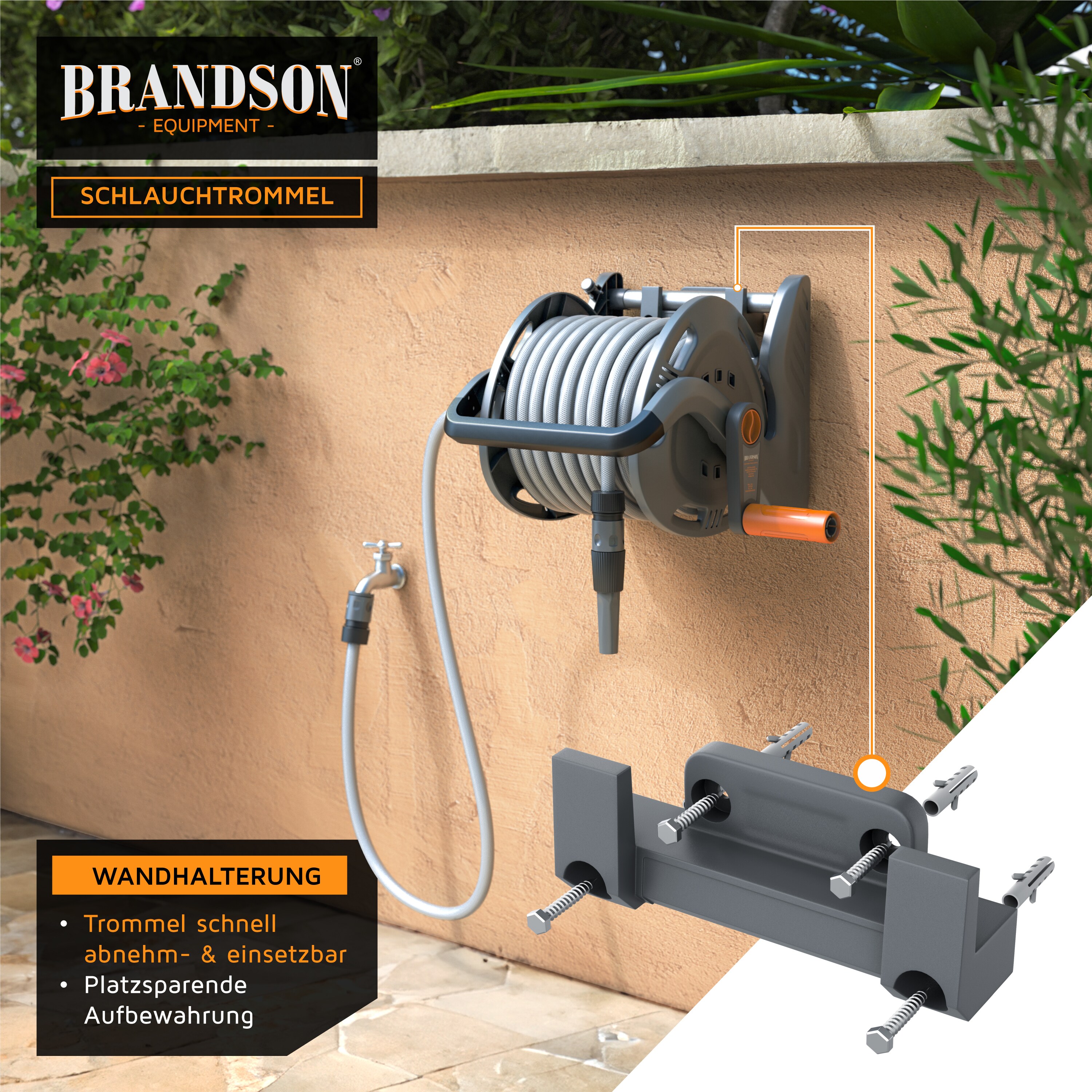 Brandson Schlauchtrommel Schlauchbox mit 20m Gartenschlauch, Drehgriff, Nachtropfstopp, Garten Schlauch Trommel mit Wandmontage, 1/2 Zoll, 3