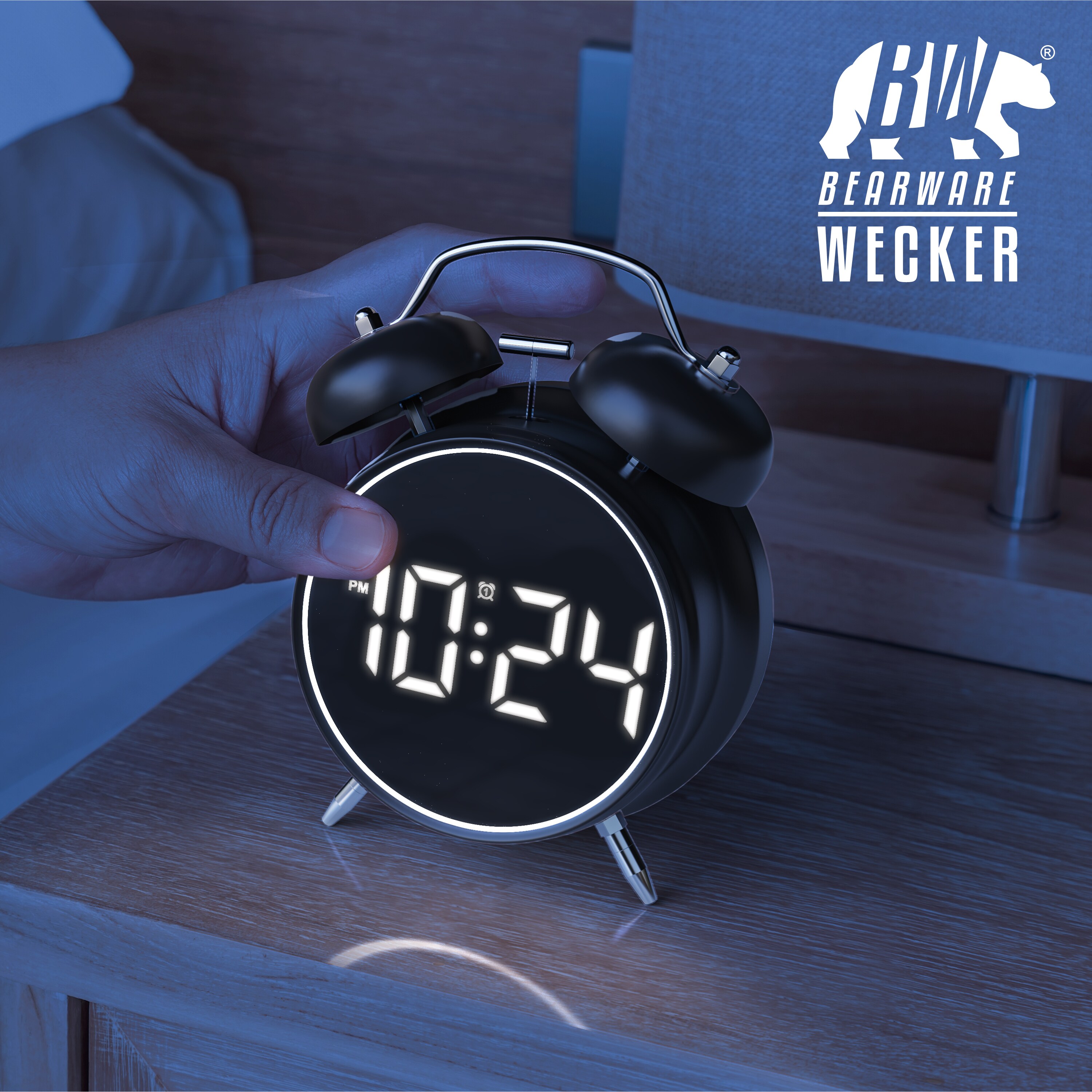 BEARWARE Wecker Digital, rund, Lichtring, Retro, lauter