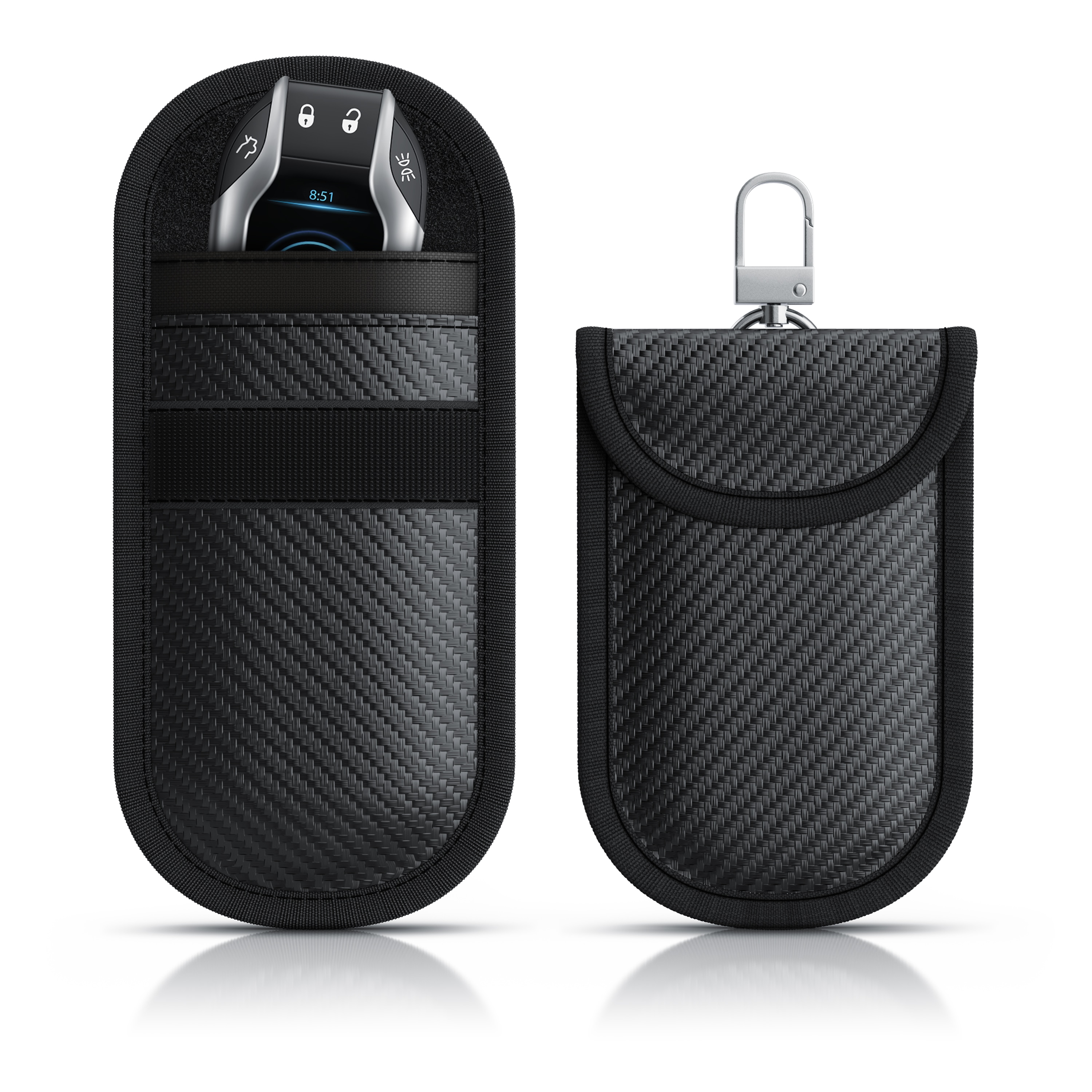 Aplic Schl&uuml;sseltasche RFID Blocker, Keyless, Faraday Tasche, 2er Set, NFC, Autoschl&uuml;ssel (2-tlg), Carbonfaser, Karabiner, Klettverschluss, kompakt, Kreditkarten Schutz - Bild 1