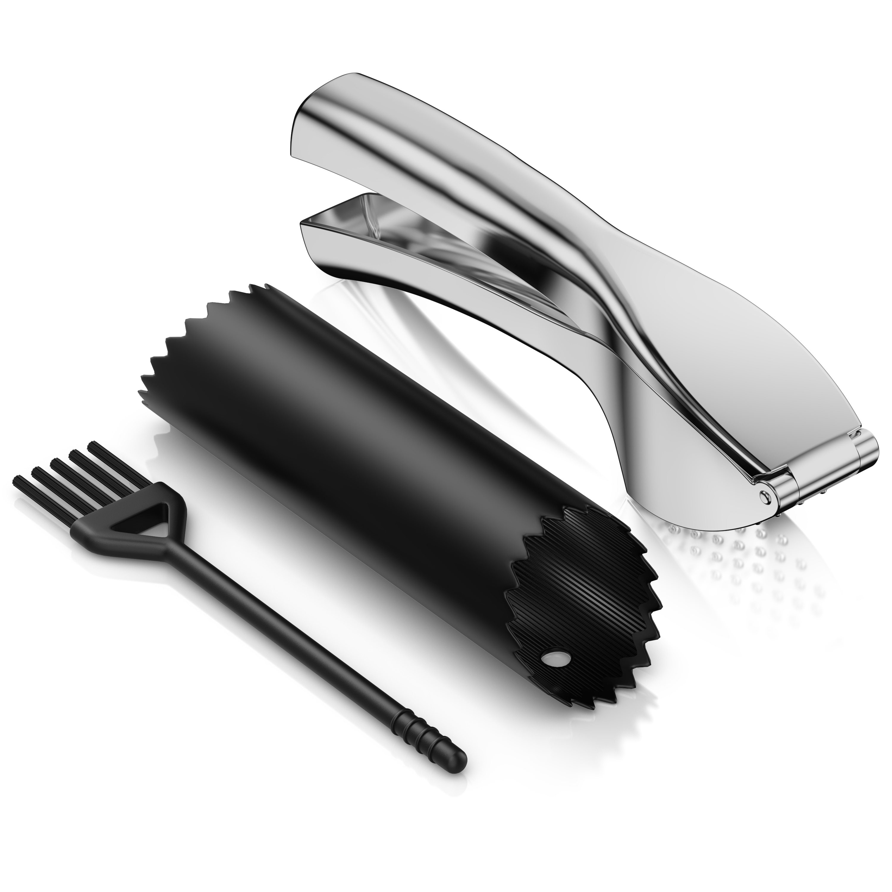 Arendo Knoblauchpresse f&uuml;r Knoblauch und Ingwer, aus Zinklegierung, mit Silikonsch&auml;ler und Reinigungsb&uuml;rste, 3-teiliges Set - Bild 1