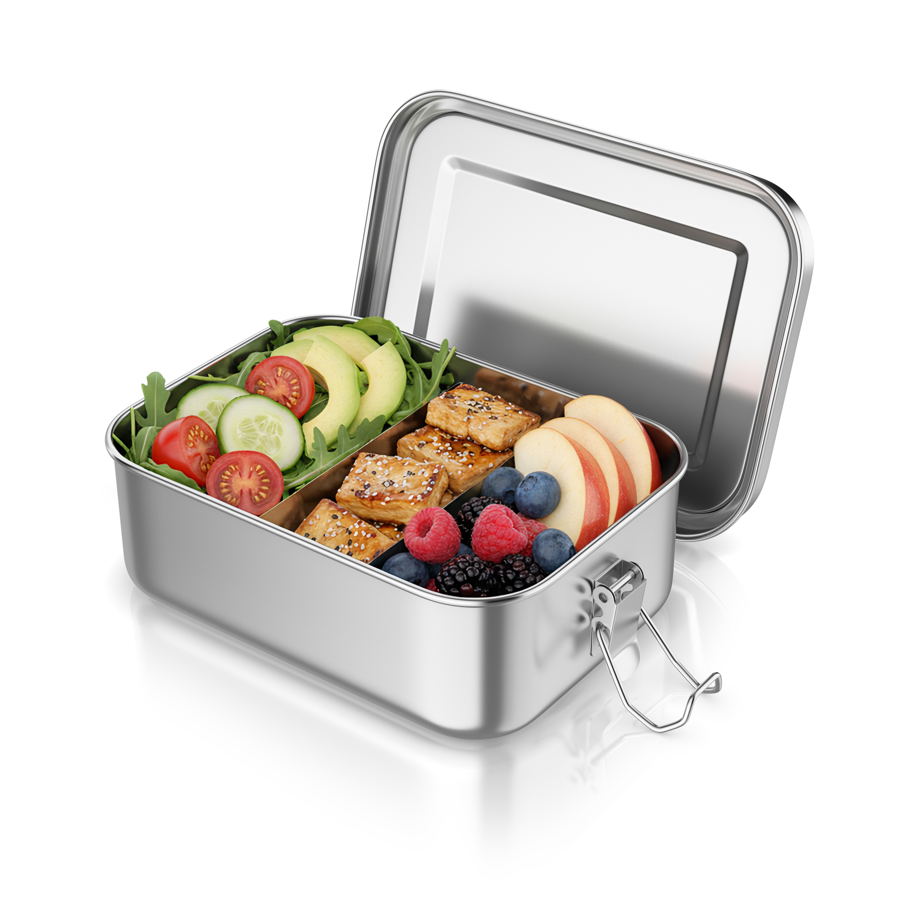 Arendo Lunchbox Edelstahl Brotdose 800 ml mit F&auml;chern, f&uuml;r Kinder und Erwachsene, Edelstahl, (1-tlg., 2 Trennstege, 2 Silikondichtungen) - Bild 1