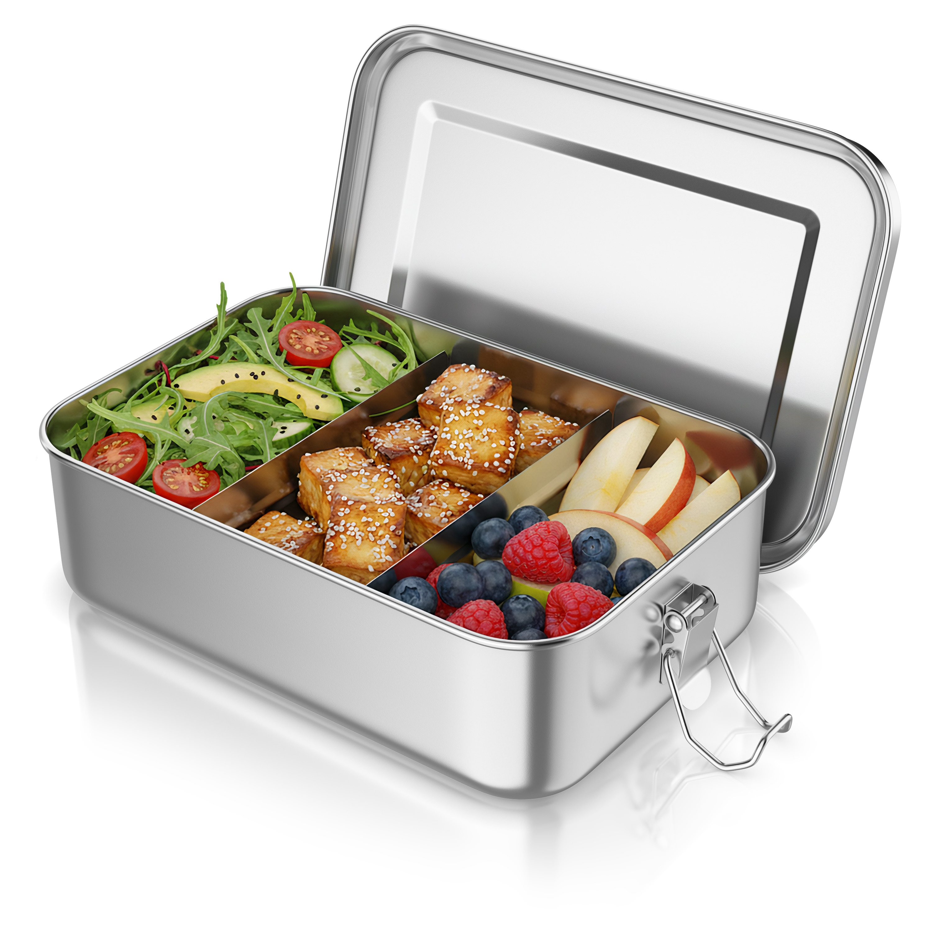 Arendo Lunchbox Edelstahl Brotdose 1400 ml mit F&auml;chern, f&uuml;r Kinder und Erwachsene, Edelstahl, (1-tlg., 2 Trennstege, 2 Silikondichtungen) - Bild 1