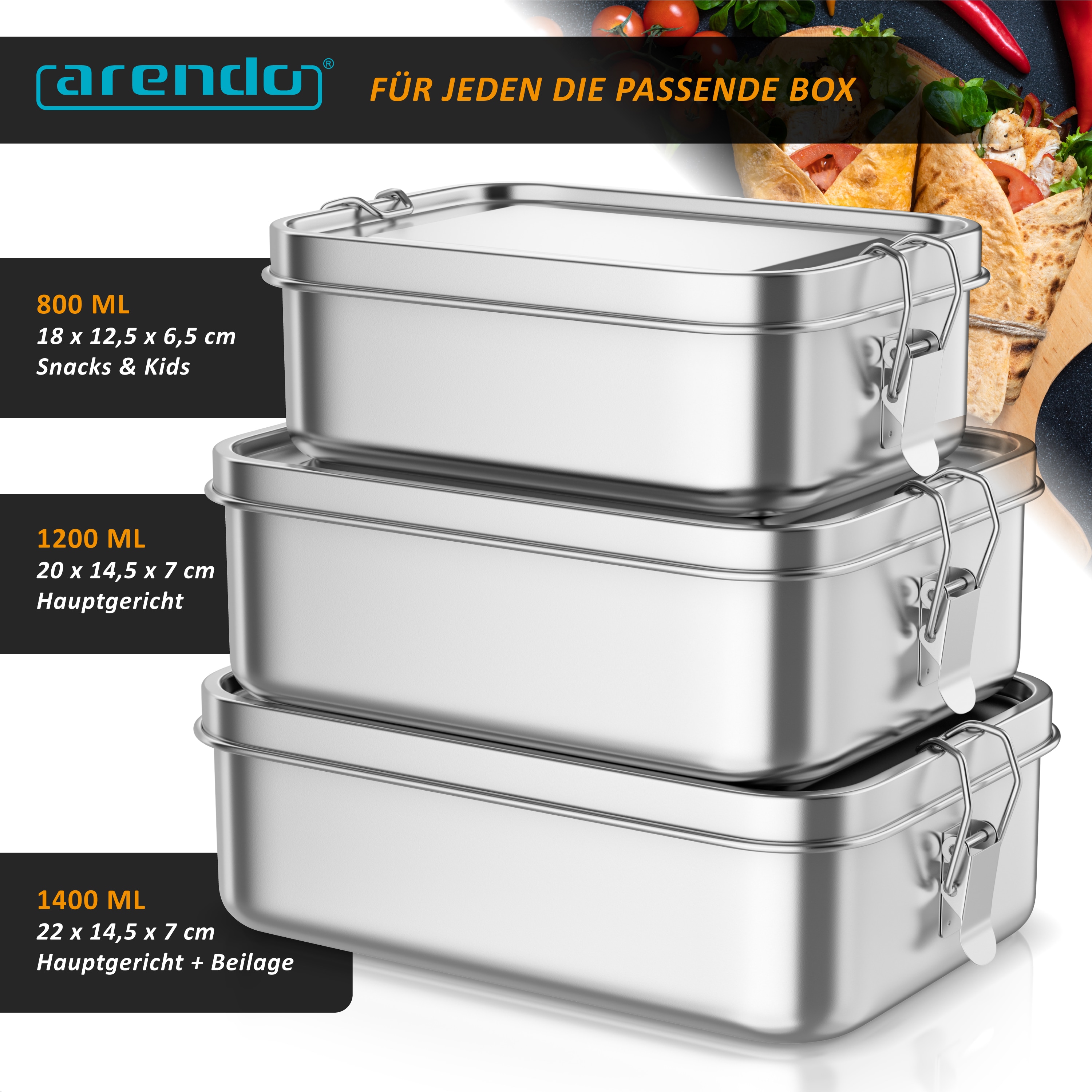 Arendo Lunchbox Edelstahl Brotdose 1400 ml mit Fächern, für Kinder und Erwachsene, Edelstahl, (1-tlg., 2 Trennstege, 2 Silikondichtungen) online kaufen bei Netto