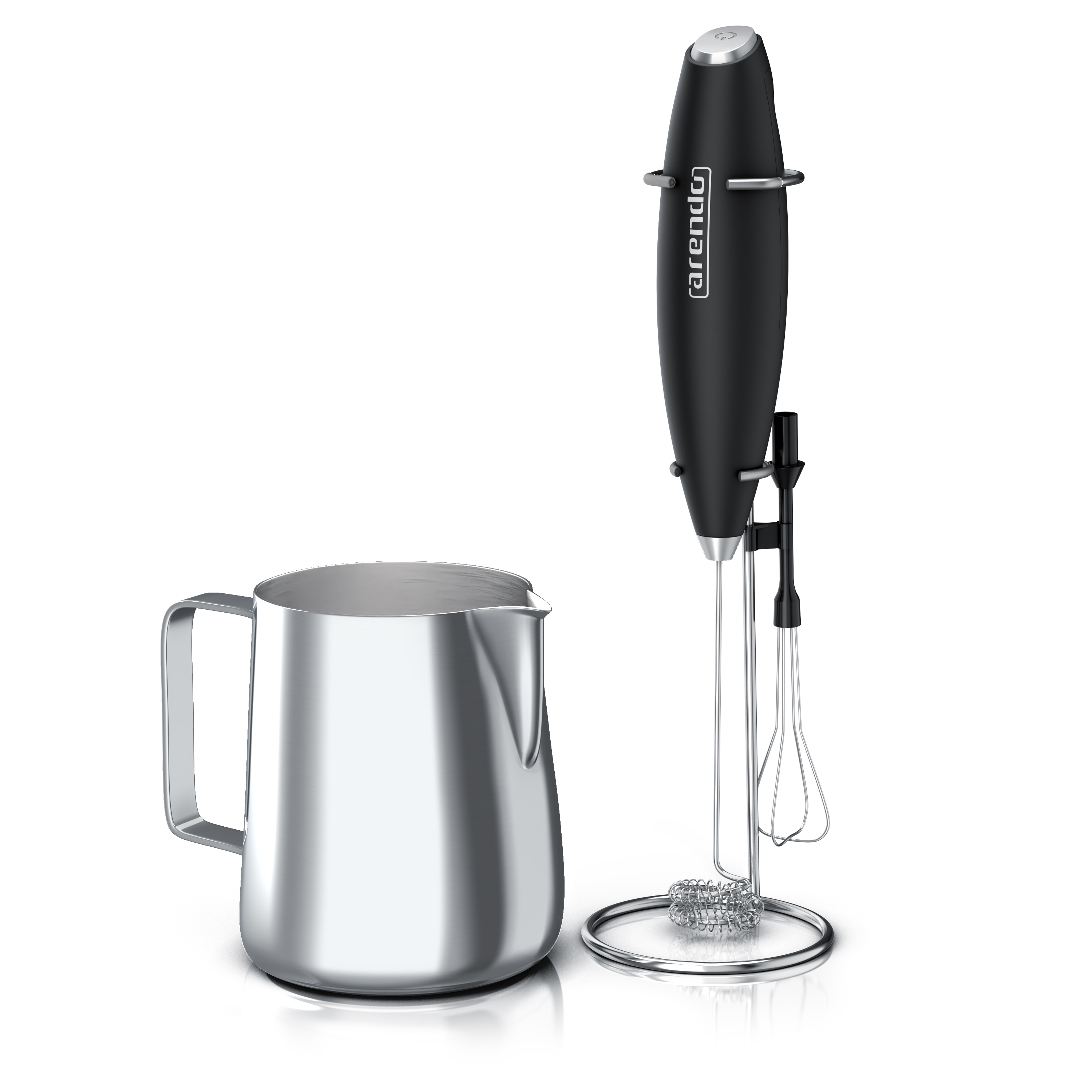 Arendo Milchk&auml;nnchen mit Stab Milchaufsch&auml;umer elektrisch Handmilchaufsch&auml;umer + Milchkanne 0,35 l, Edelstahl, 350ml mit Messskala - Bild 1