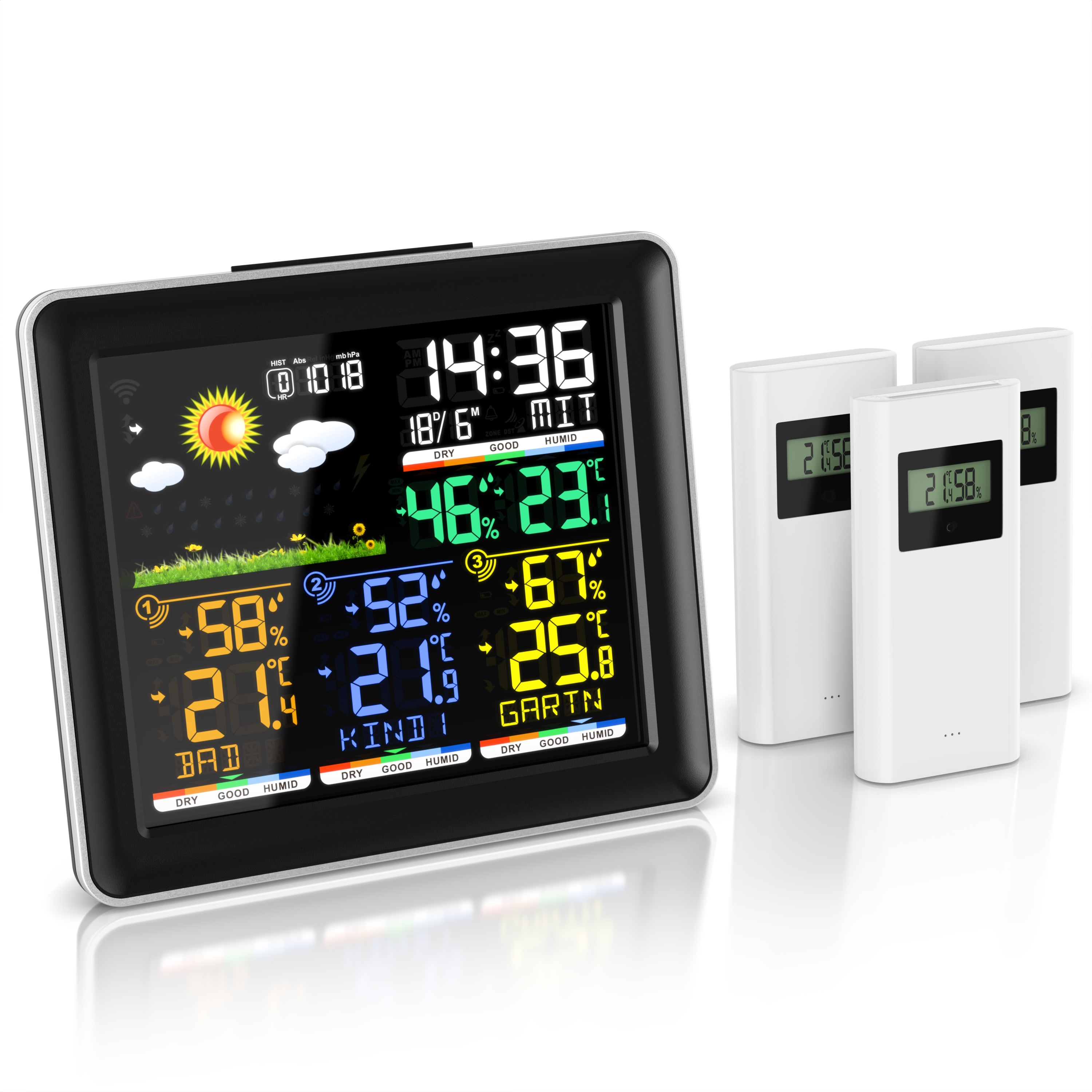 BEARWARE Funk, mit Farbdisplay, Wireless Funksensor/Au&szlig;ensensor, DCF Funkuhr Wetterstation (mit Au&szlig;ensensor, Luftdruck, Wettervorhersage, Barometer, Wecker, Alarm, Snooze) - Bild 1