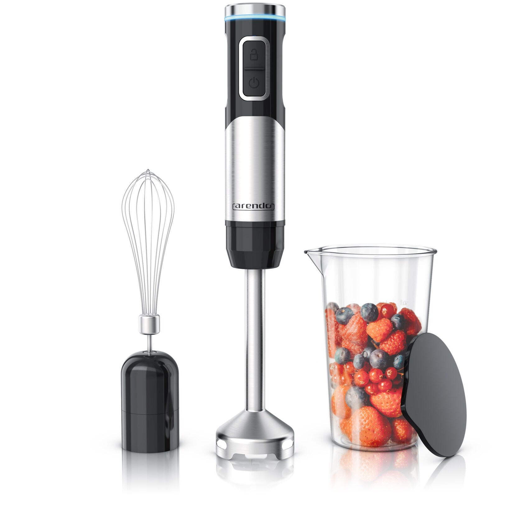Arendo Akku-Stabmixer Edelstahl Pürierstab, Handmixer, stufenlose Regelung, Li-Ionen-Akku, 200 W, mit Schneebesen, Messbecher, 4-Klingen-Messer