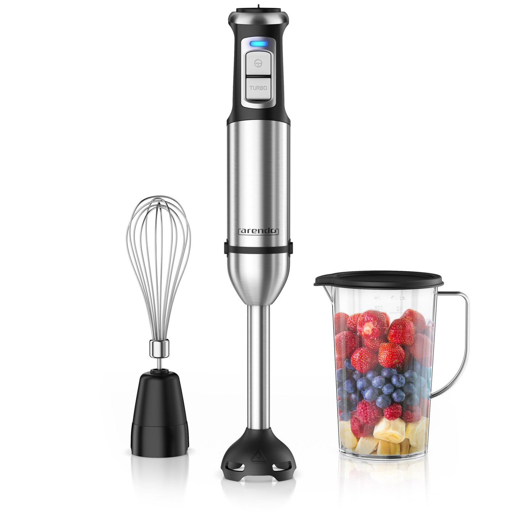 Arendo Stabmixer-Set mit 2000-W-DC-Motor, Edelstahl-Mixfuß, Turbotaste, Schneebesen und 800-ml-Messbecher mit Deckel