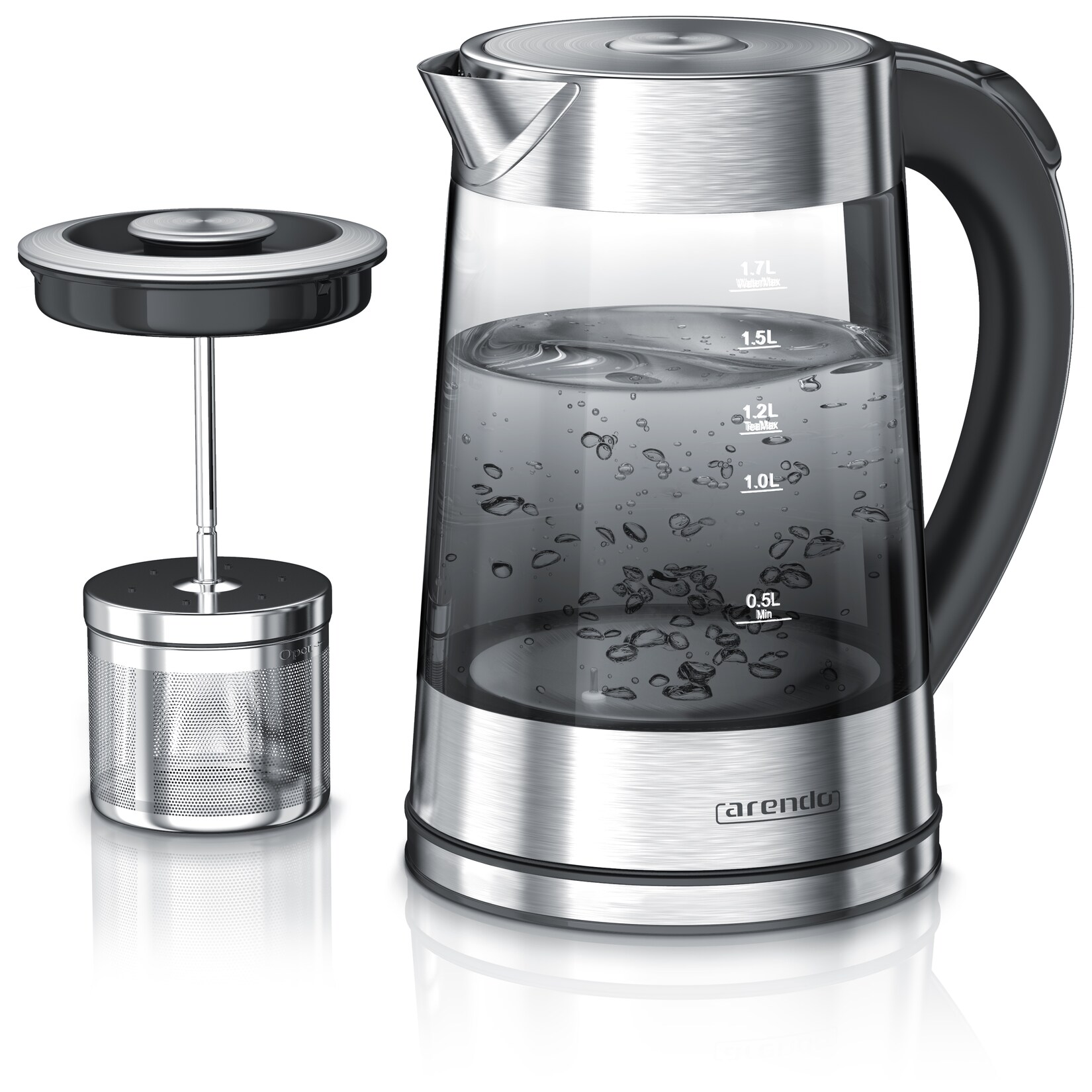 Arendo Glas-Wasserkocher 1,7 l mit Edelstahl-Teesieb, 2200 W, 5 Temperaturstufen von 40 bis 100 °C, LED-Licht und Warmhaltefunktion