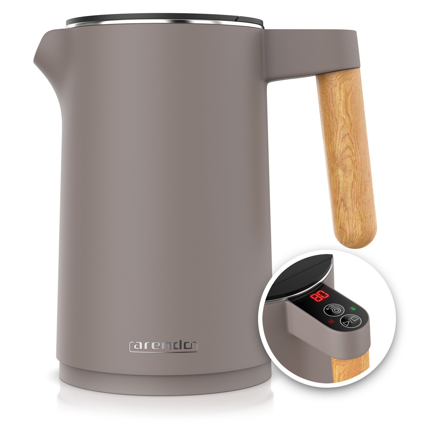 Arendo Edelstahl-Wasserkocher 1,5 l, 2200 W, Doppelwand, Temperaturwahl, Warmhaltefunktion und Griff in Holzoptik, taupe