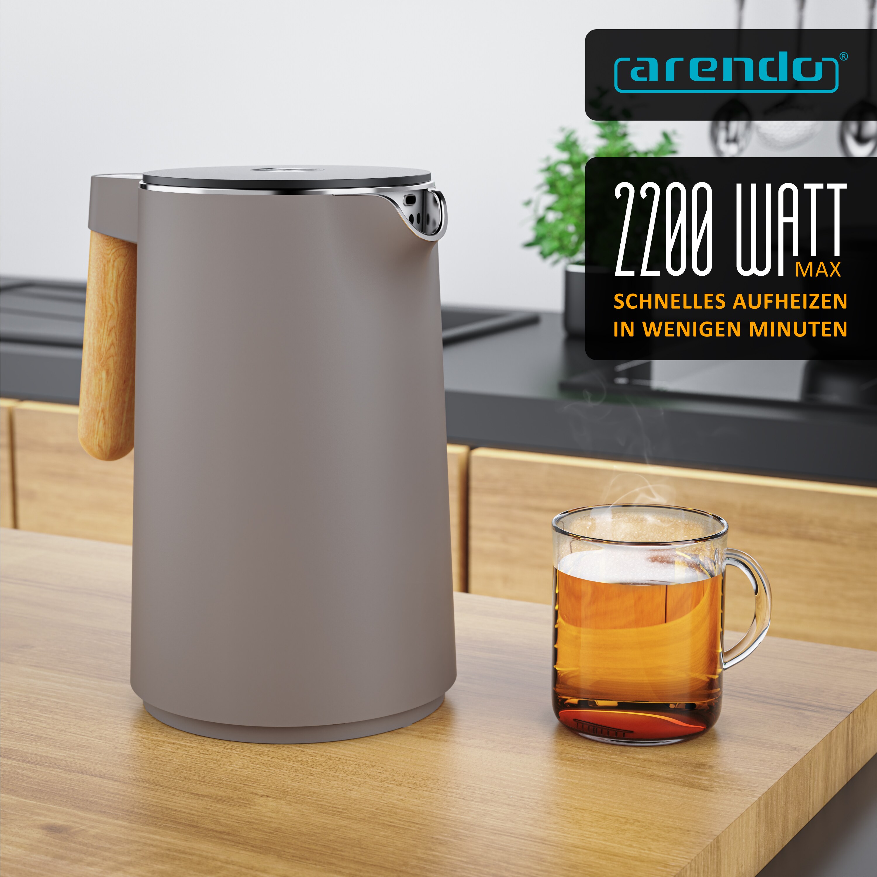 Arendo Edelstahl-Wasserkocher 1,5 l, 2200 W, Doppelwand, Temperaturwahl, Warmhaltefunktion und Griff in Holzoptik, taupe online kaufen bei Netto