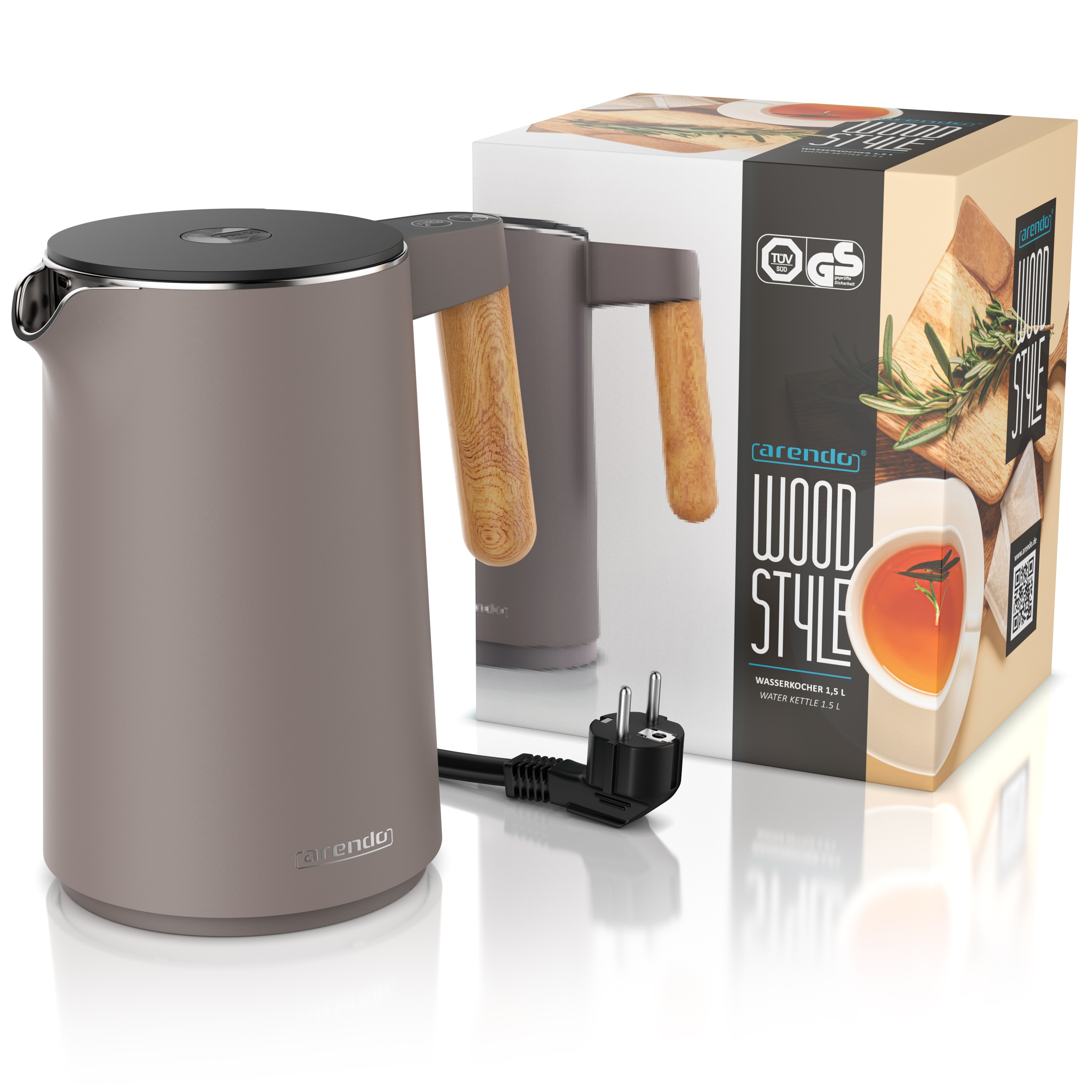 Arendo Edelstahl-Wasserkocher 1,5 l, 2200 W, Doppelwand, Temperaturwahl, Warmhaltefunktion und Griff in Holzoptik, taupe online kaufen bei Netto