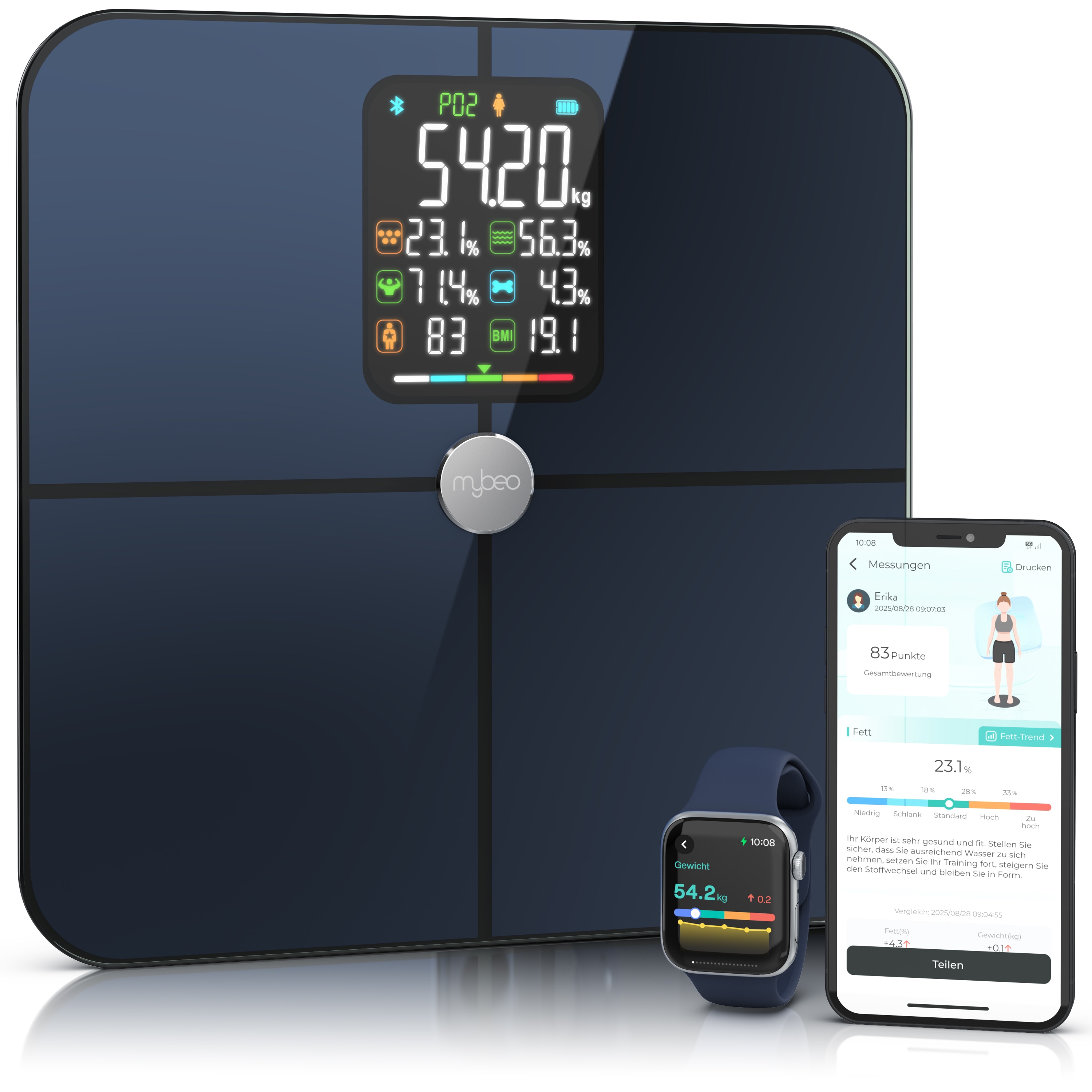 Mybeo Bluetooth-K&ouml;rperfettwaage mit App-Steuerung, LCD-Display, Analyse von BMI, K&ouml;rperfett und Muskelmasse, bis 180 kg, schwarz - Bild 1