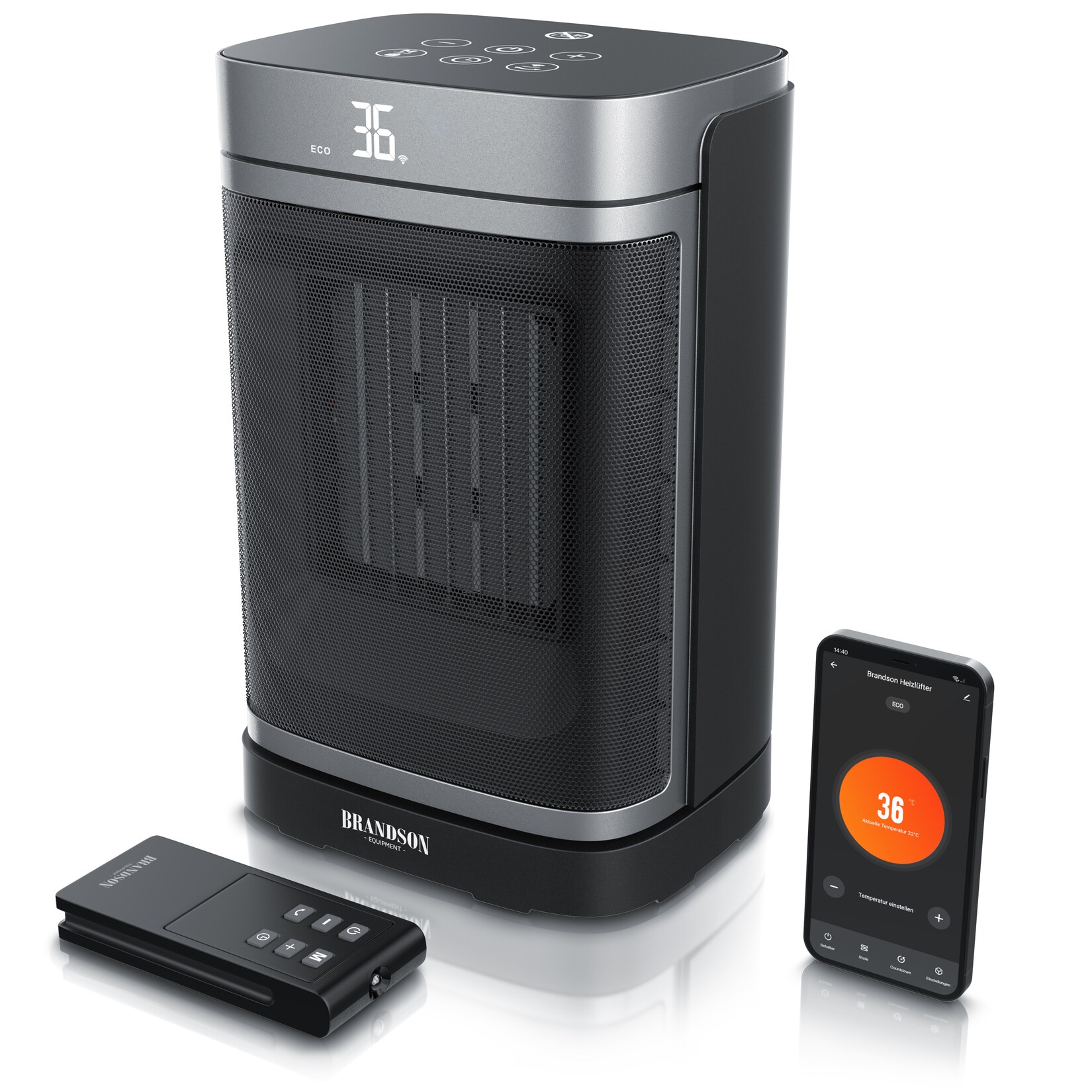 Brandson WLAN-Keramikheizlüfter 1500 W mit App-Steuerung, Fernbedienung, ECO-Modus, Thermostat, Oszillation, Timer und LED-Display