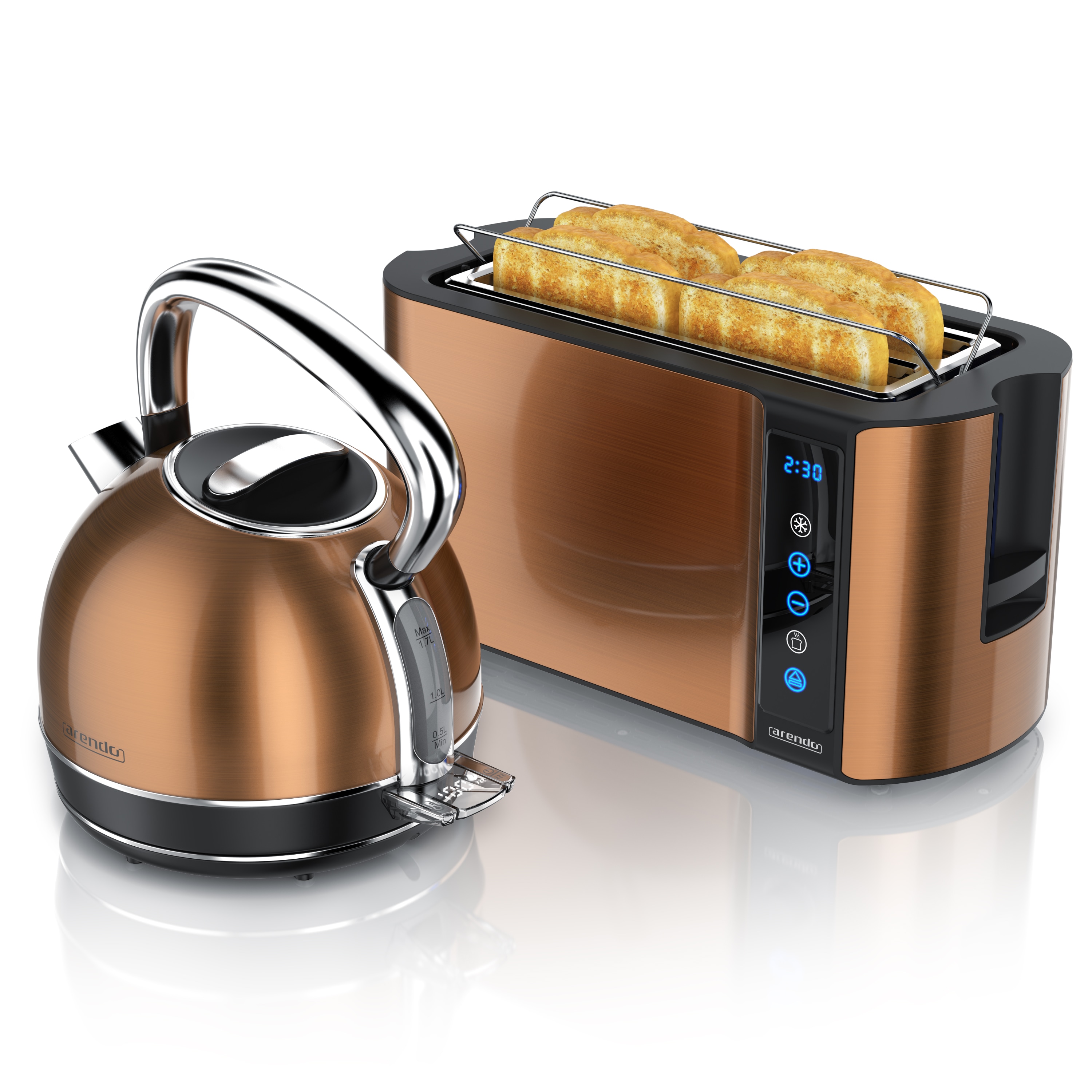 Arendo Fr&uuml;hst&uuml;cks-Set Edelstahl Wasserkocher 1,7l, 4-Scheiben Langschlitz Toaster, kupfer (2-tlg), Wasserkocher Temperatureinstellung - Bild 1