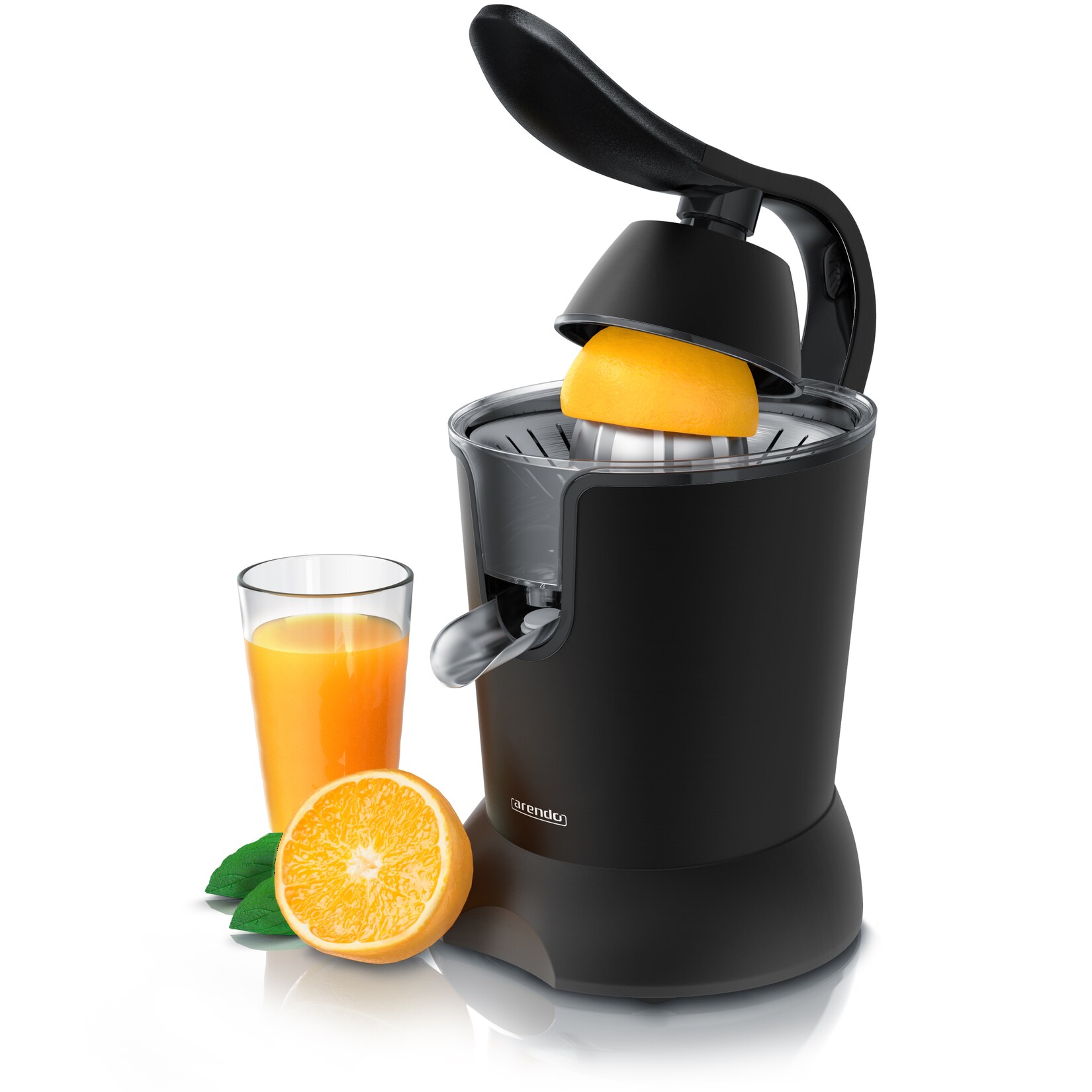 Arendo elektrische Zitruspresse aus Edelstahl, 800 W, 400-ml-Saftbehälter, 2 Presskegel, Hebelarm und Tropfstopp, schwarz