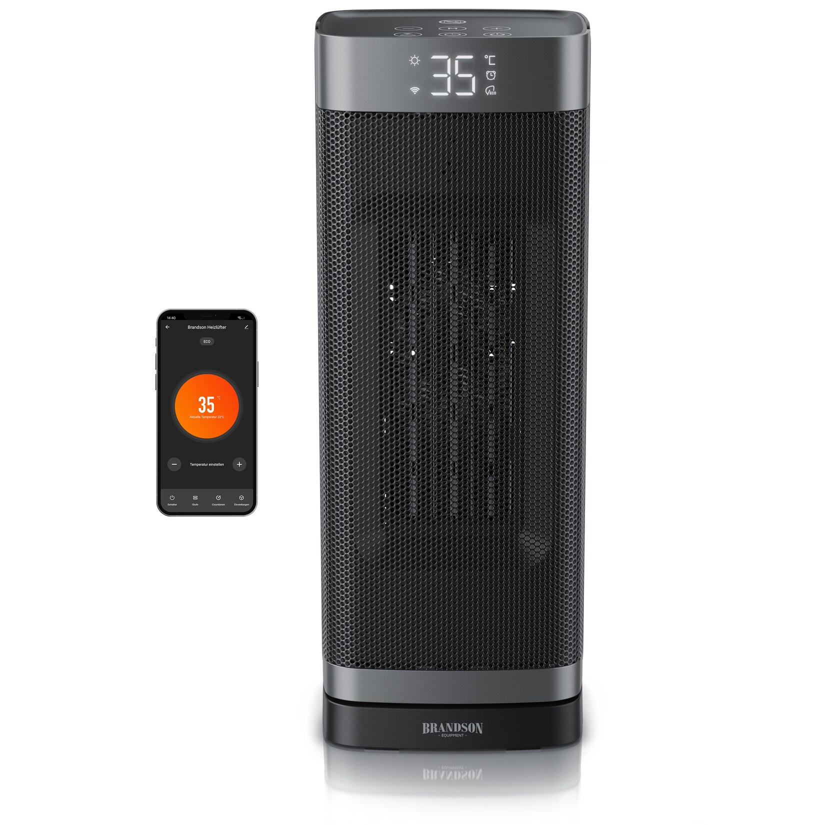 Brandson WLAN-Keramikheizlüfter mit App-Steuerung, Fernbedienung, ECO-Modus, Thermostat, Timer, LED-Display und Oszillation