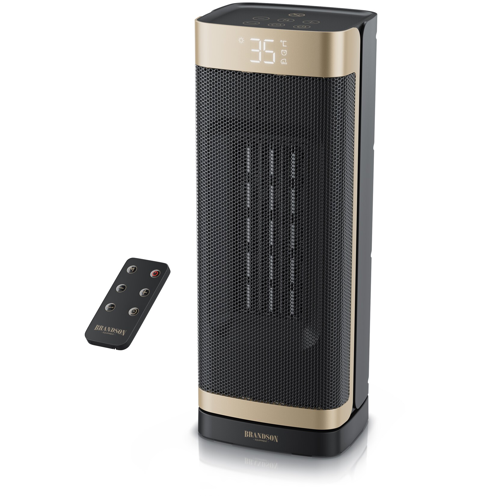 Brandson Keramikheizlüfter 2000 W, Fernbedienung, ECO-Modus, Thermostat, Timer, LED-Display und 70°-Oszillation, schwarz/gold