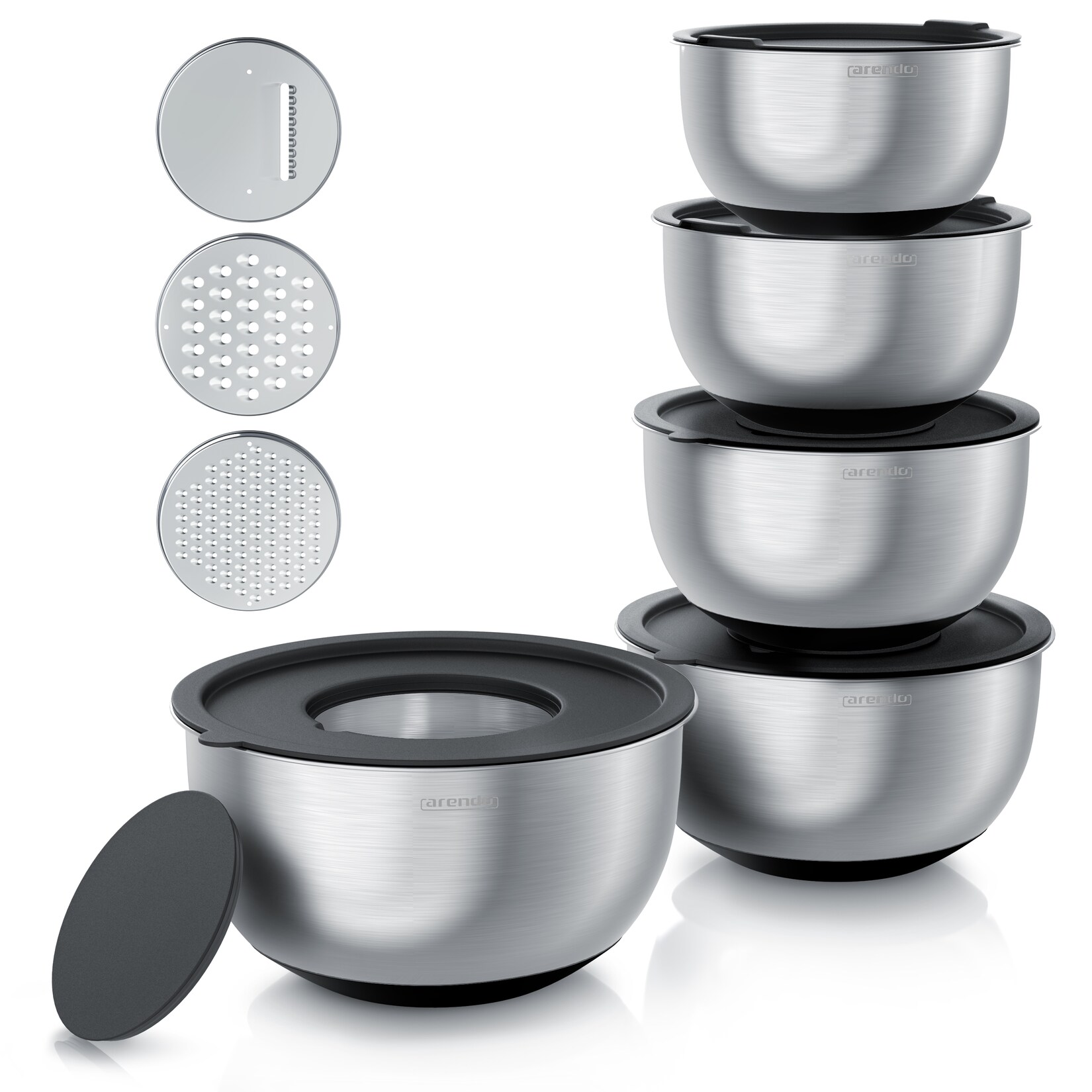 Arendo Salatschüssel 5er Set mit Deckel, Edelstahl Salatschüsseln 1,6 bis 5 L, Rührschüssel, Edelstahl, (Set, 5-tlg), Edelstahlschüssel