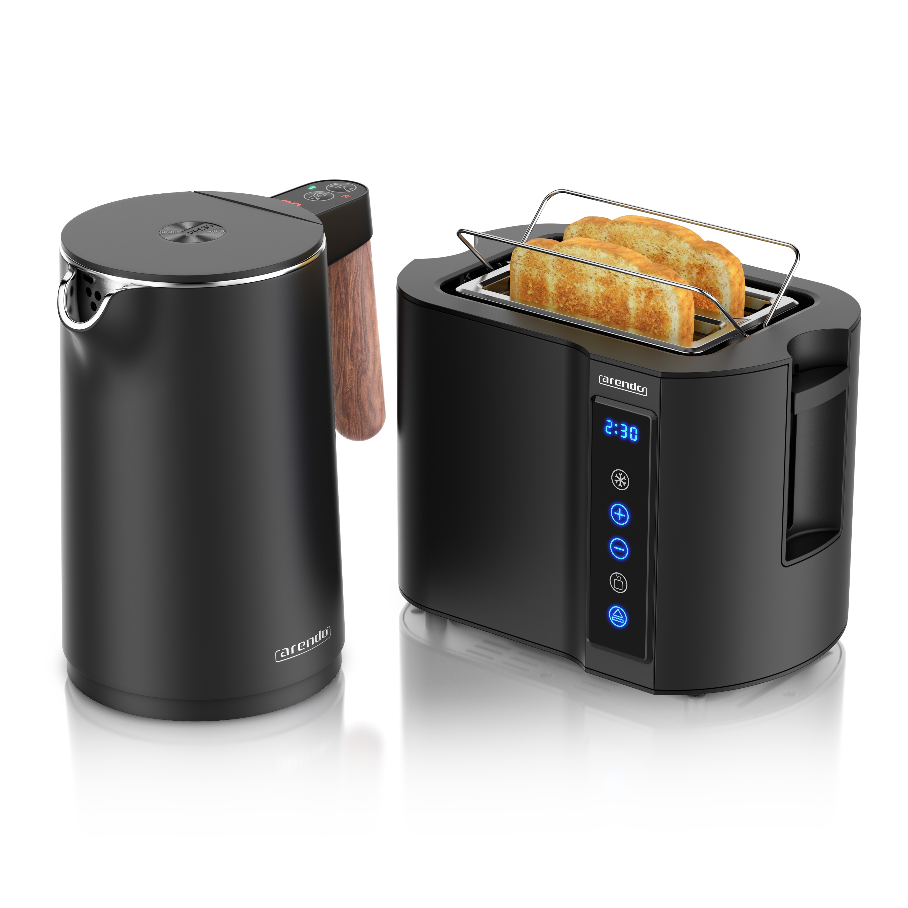 Arendo Fr&uuml;hst&uuml;cks-Set mit Wasserkocher 1,5 l und 2-Scheiben-Toaster, Temperaturwahl, Br&ouml;tchenaufsatz und Restzeitanzeige, schwarz - Bild 1