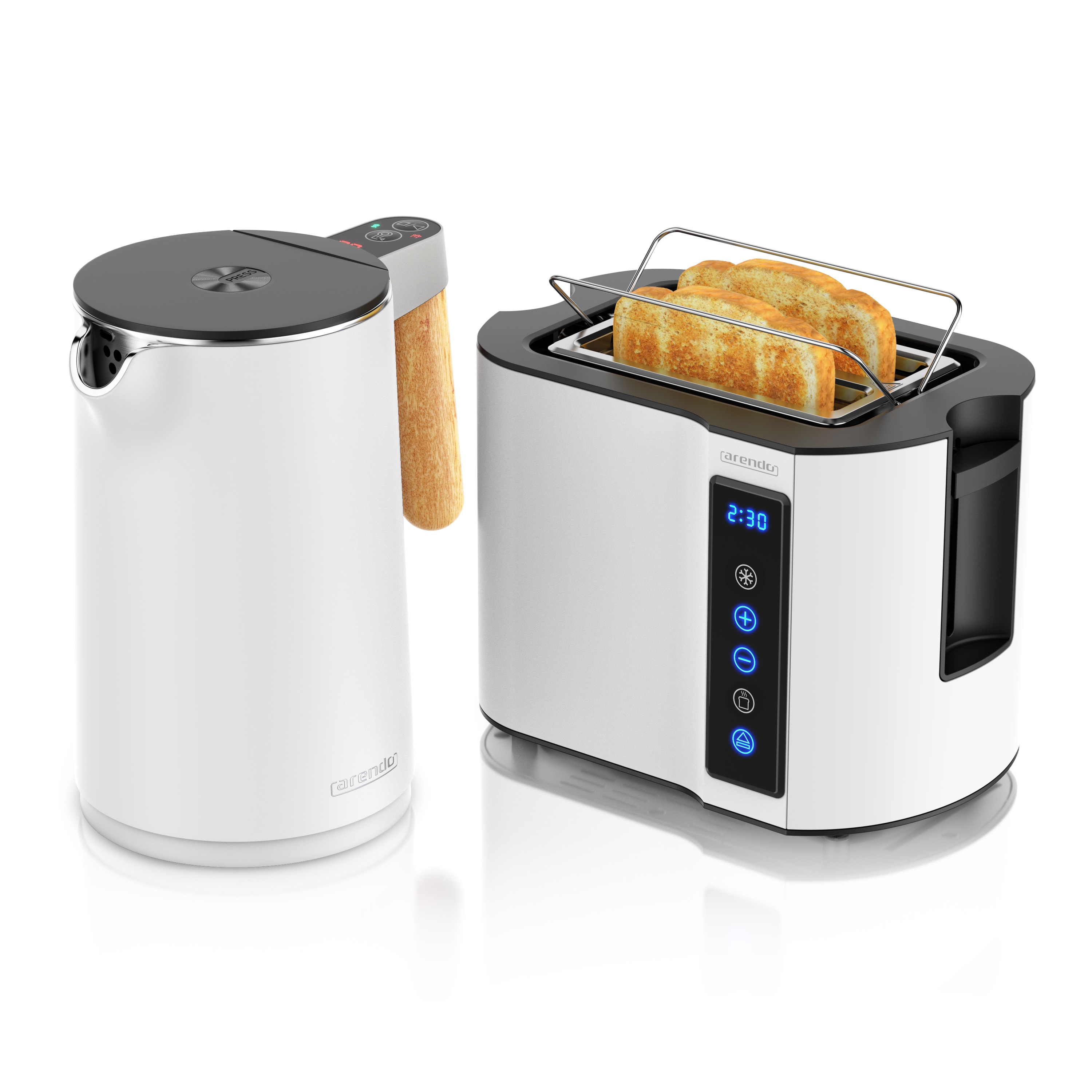 Arendo Fr&uuml;hst&uuml;cks-Set mit Wasserkocher 1,5 l und 2-Scheiben-Toaster, Temperaturwahl, Br&ouml;tchenaufsatz und Restzeitanzeige, wei&szlig; - Bild 1