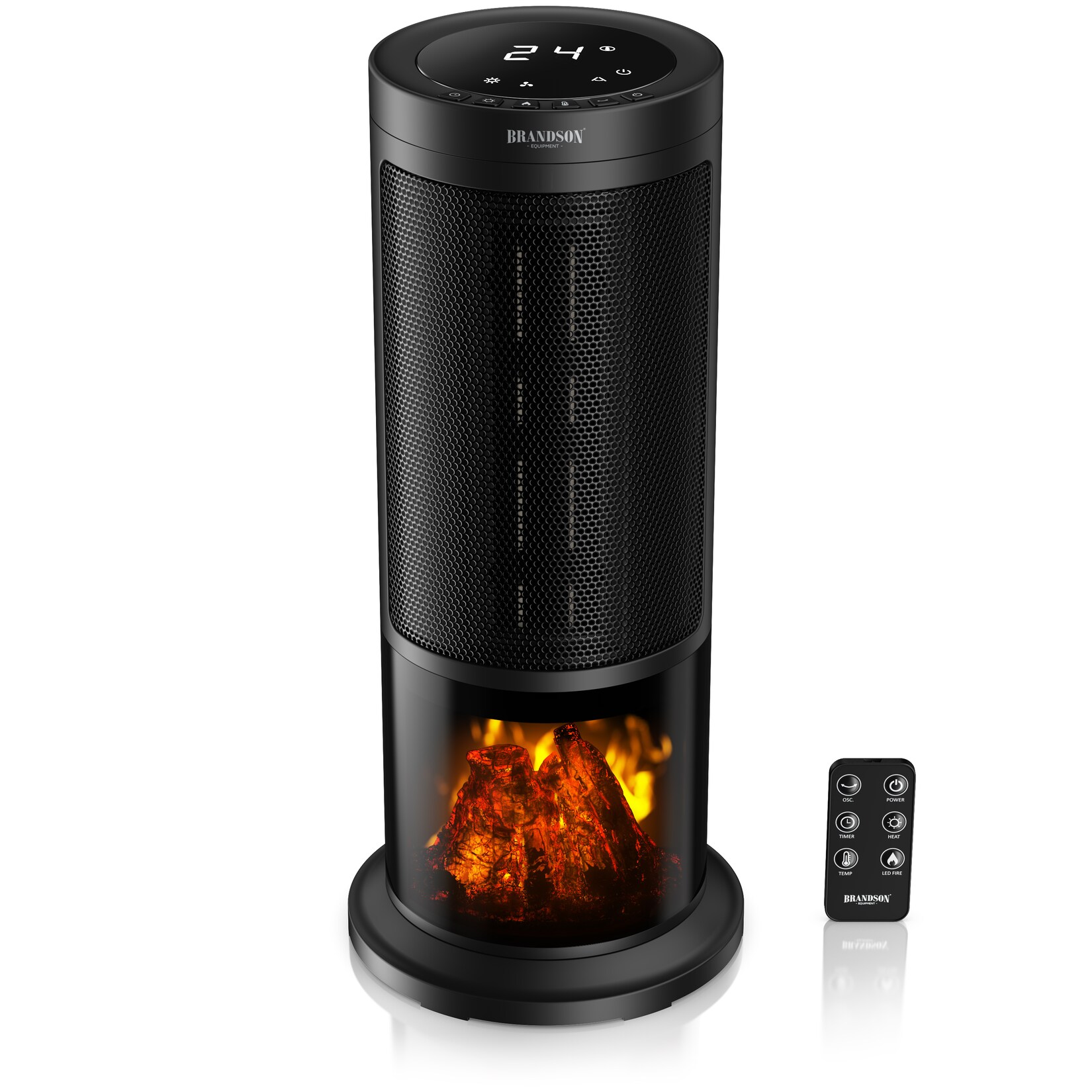 Brandson Keramikheizlüfter mit Kaminfeuer-Effekt, 1800 W, 2 Heizstufen, Thermostat, Oszillation, Timer und Fernbedienung, schwarz