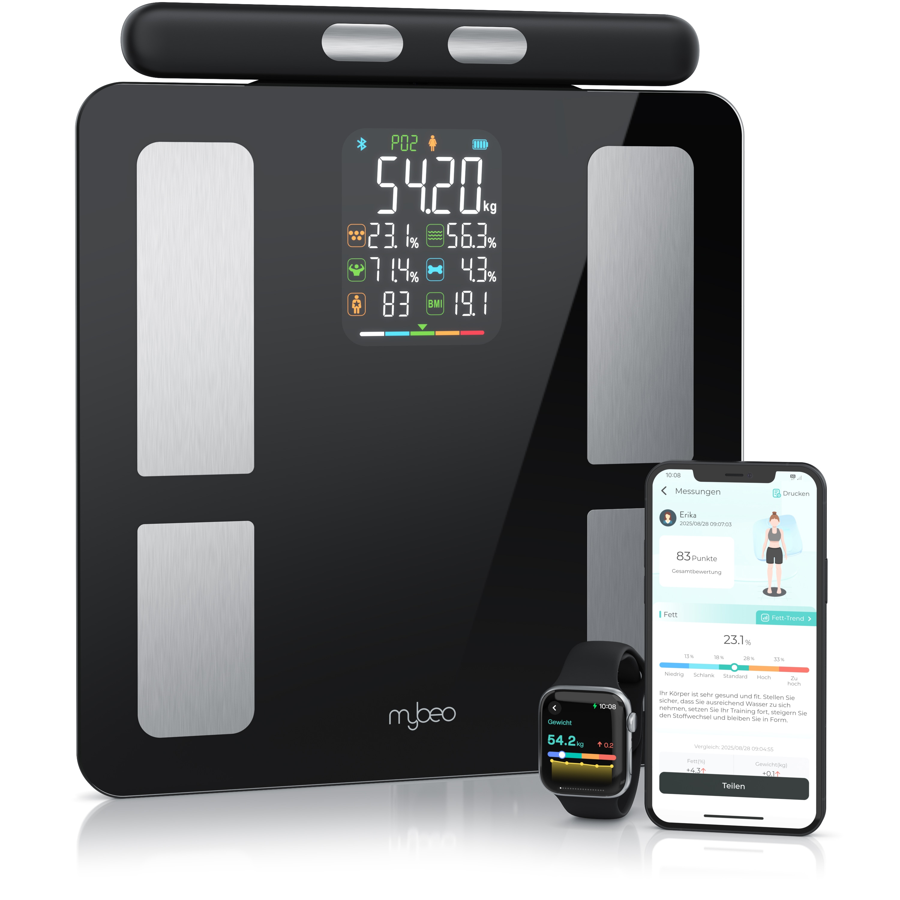 Mybeo K&ouml;rper-Analyse-Waage Digitale Bluetooth K&ouml;rperfettwaage, Handgriff-Messung & App-Steuerung, 1-tlg., Diagnosewaage, BMI, K&ouml;rperfett - Bild 1