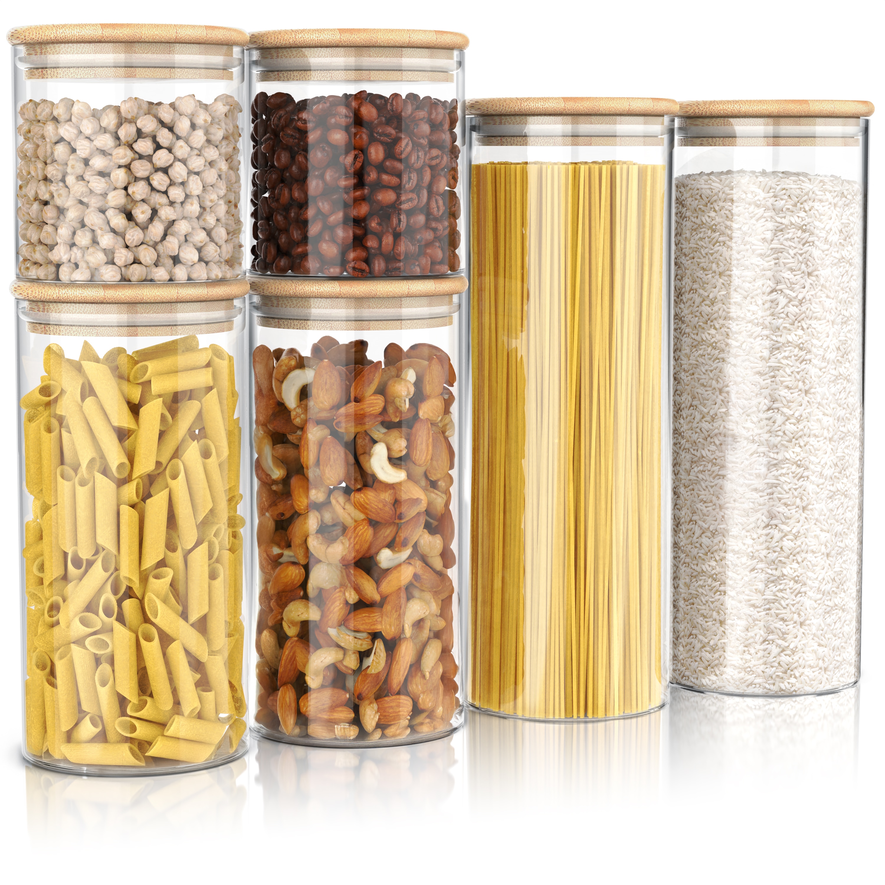 Arendo Vorratsgl&auml;ser aus Borosilikatglas, rund, 6er-Set mit je 2 x 0,785/1,57/2,2 l, Bambusdeckel und luftdichter Silikondichtung - Bild 1