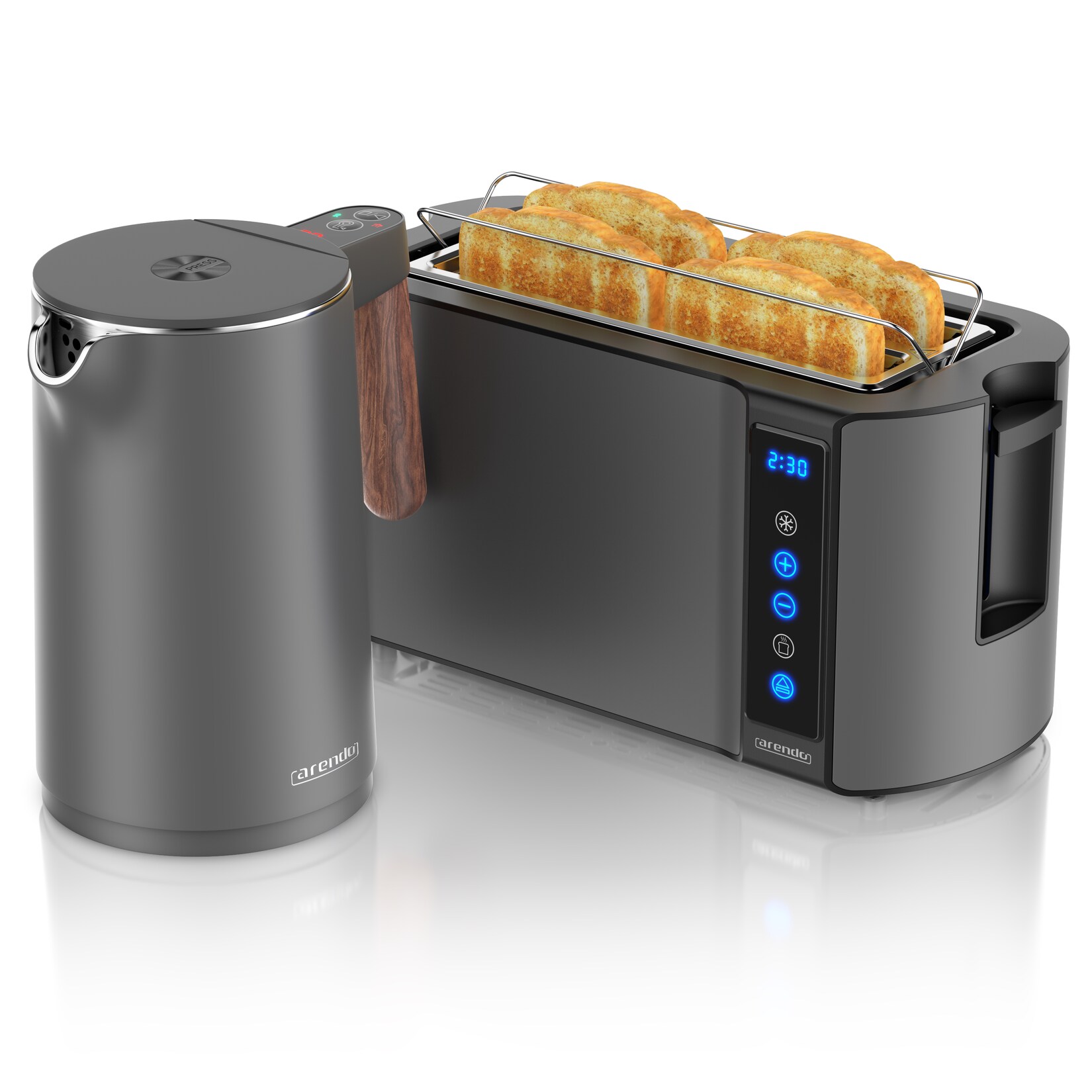 Arendo Frühstücks-Set mit Wasserkocher 1,5 l und 4-Scheiben-Langschlitztoaster, Temperaturwahl, Touchpanel, Brötchenaufsatz, grau