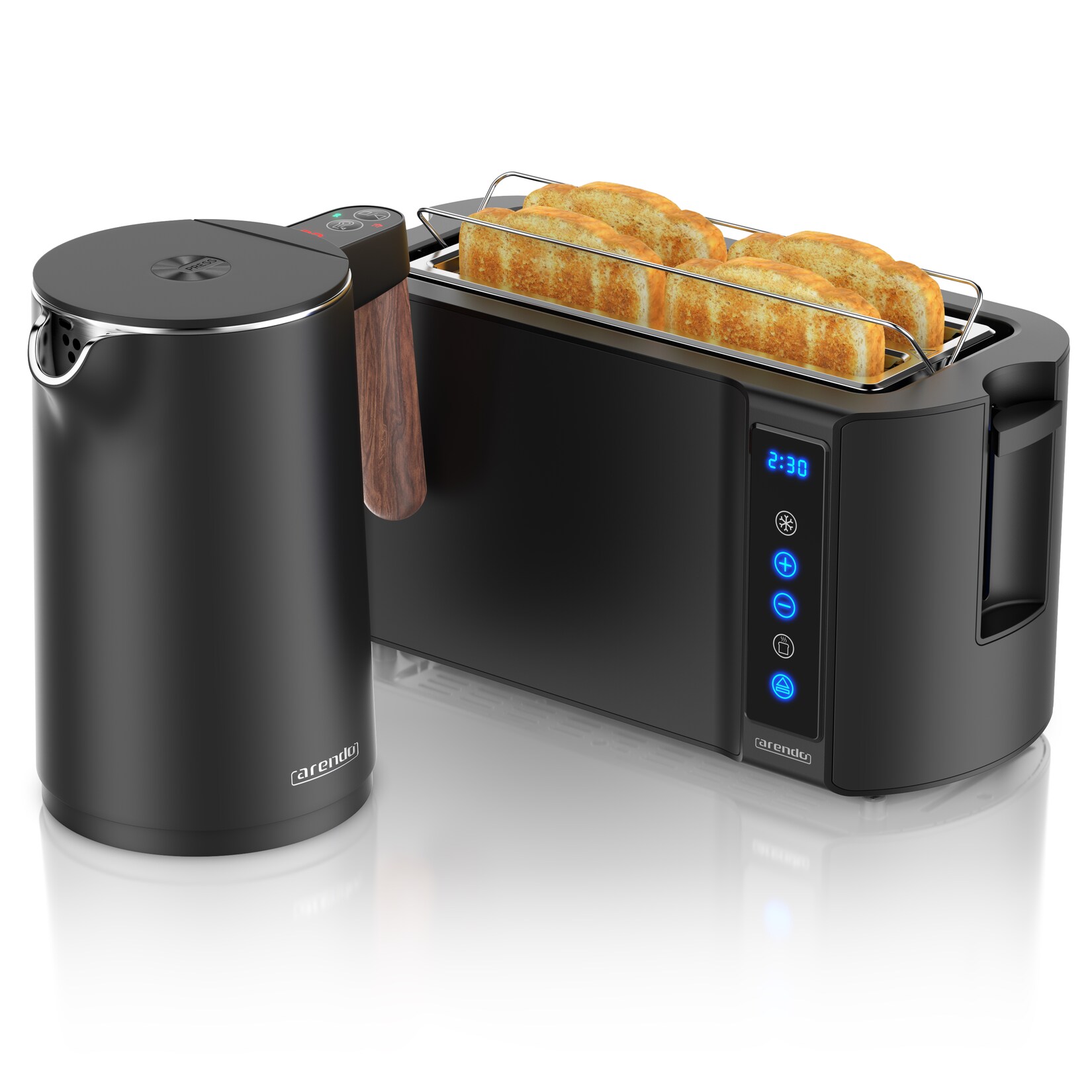 Arendo Frühstücks-Set mit Wasserkocher 1,5 l und 4-Scheiben-Langschlitztoaster, Temperaturwahl, Touchpanel und Brötchenaufsatz