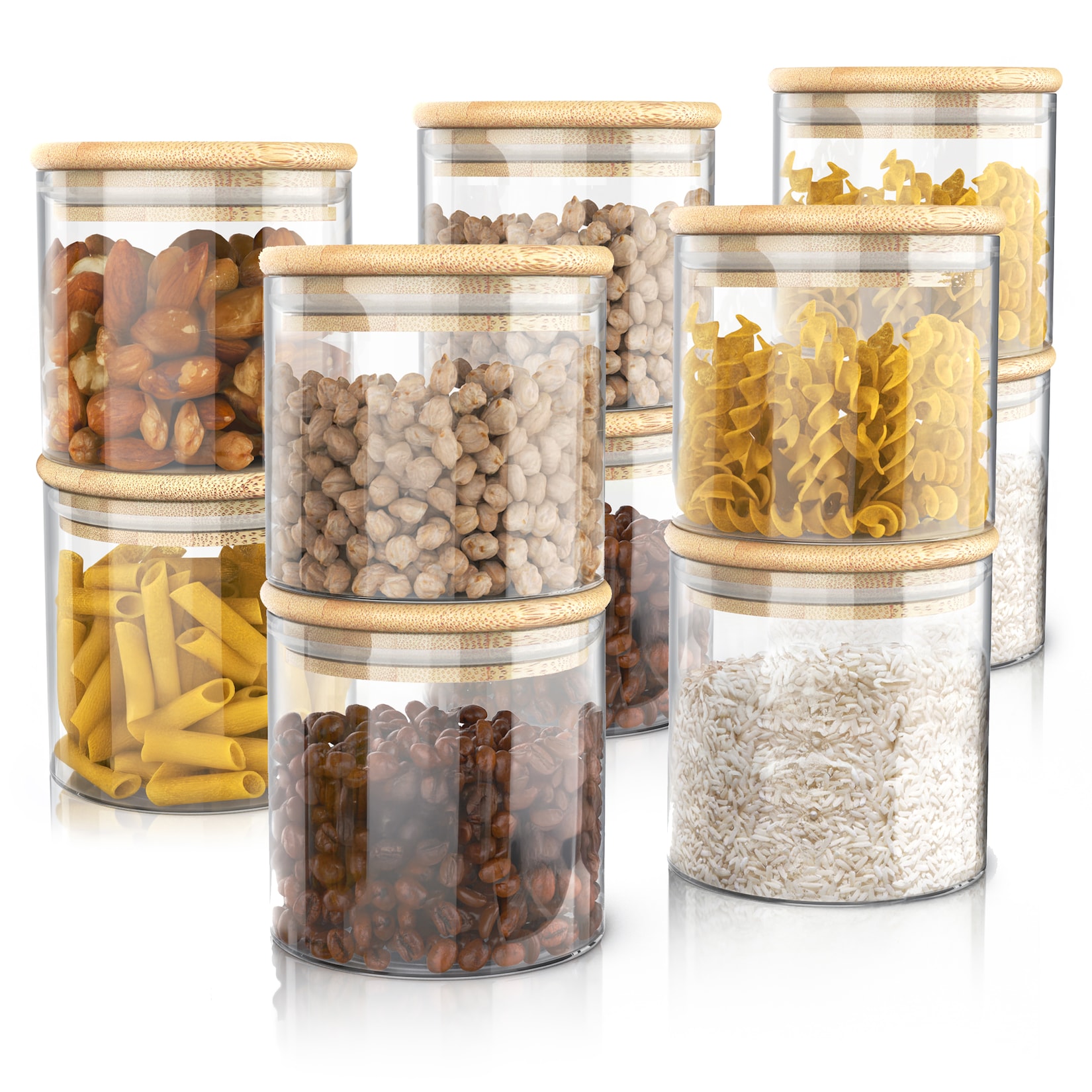 Aufbewahrungsbecher Glasbehälter-Set 10x  Borosilikatglas mit Bambusdeckel, luftdicht, Borosilikatglas; Bambus; Silikon