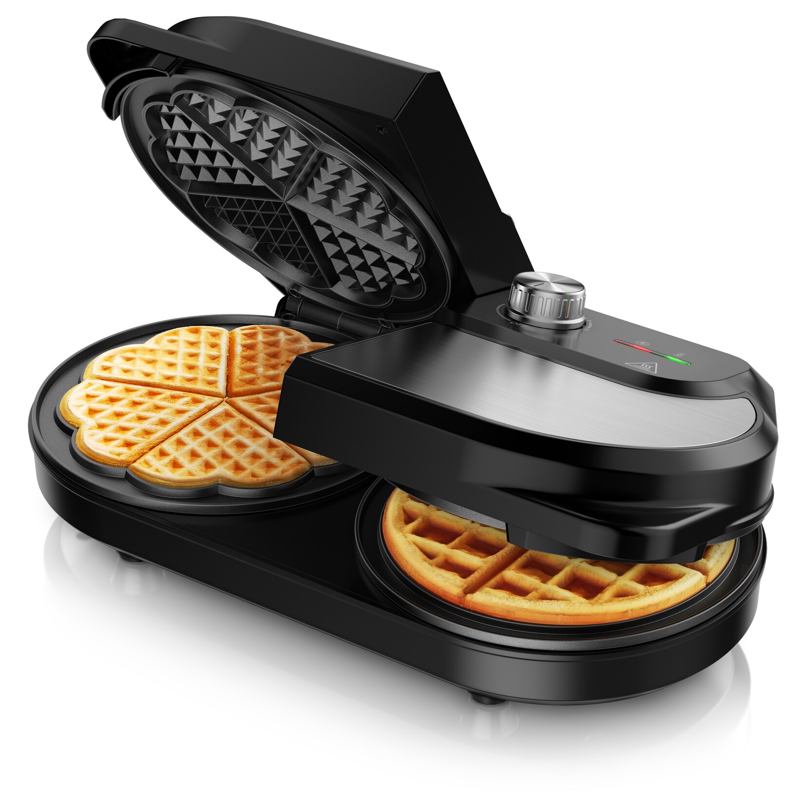 Arendo Doppel-Waffeleisen für belgische Waffeln und Herzwaffeln, 1400 W, stufenloser Temperaturregler und Antihaftbeschichtung