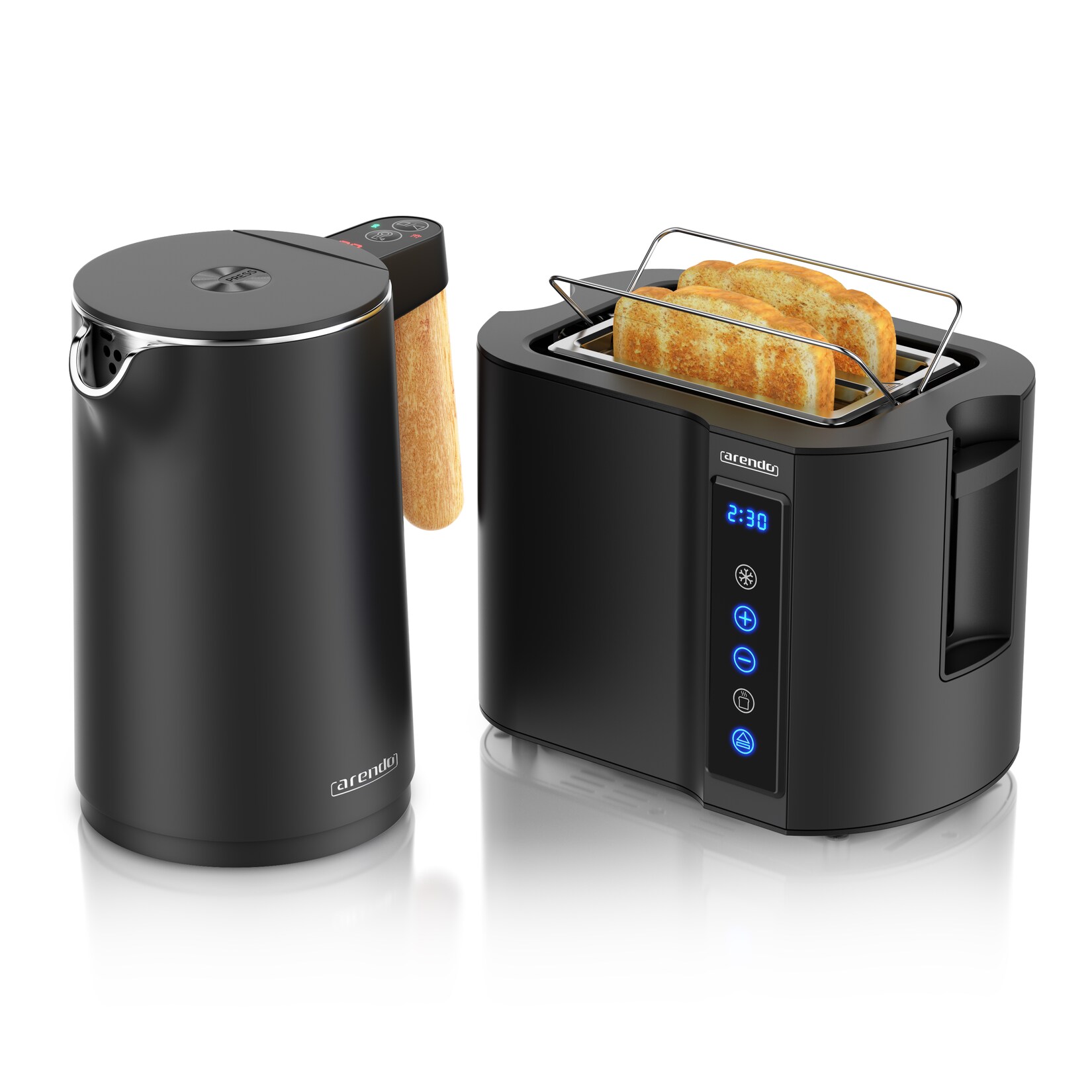 Arendo Frühstücks-Set mit Wasserkocher 1,5 l und 2-Scheiben-Toaster, Temperaturwahl, Brötchenaufsatz und Restzeitanzeige, schwarz