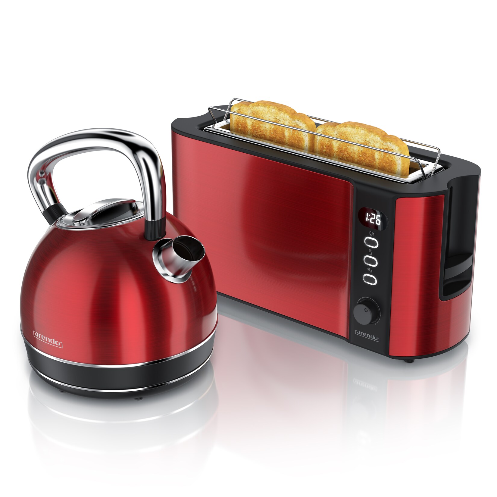 Arendo Frühstücks-Set Edelstahl Wasserkocher 1,7l, 2-Scheiben Langschlitz Toaster, rot (2-tlg), Frühstücksset, Wasserkocher Retro, 2200W