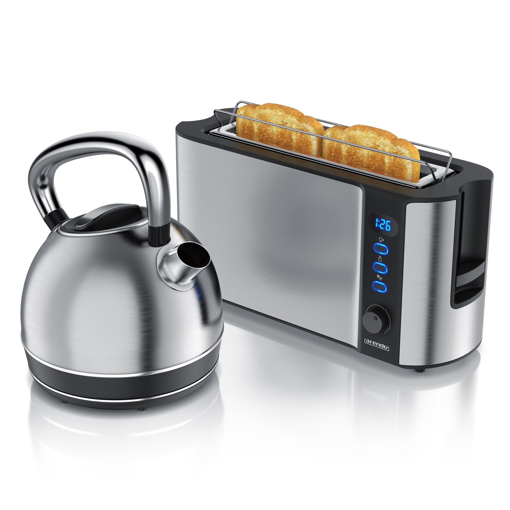 Arendo Frühstücks-Set Edelstahl Wasserkocher 1,7l, 2-Scheiben Langschlitz Toaster, Silber (2-tlg), Frühstücksset, Wasserkocher Retro, 2200W