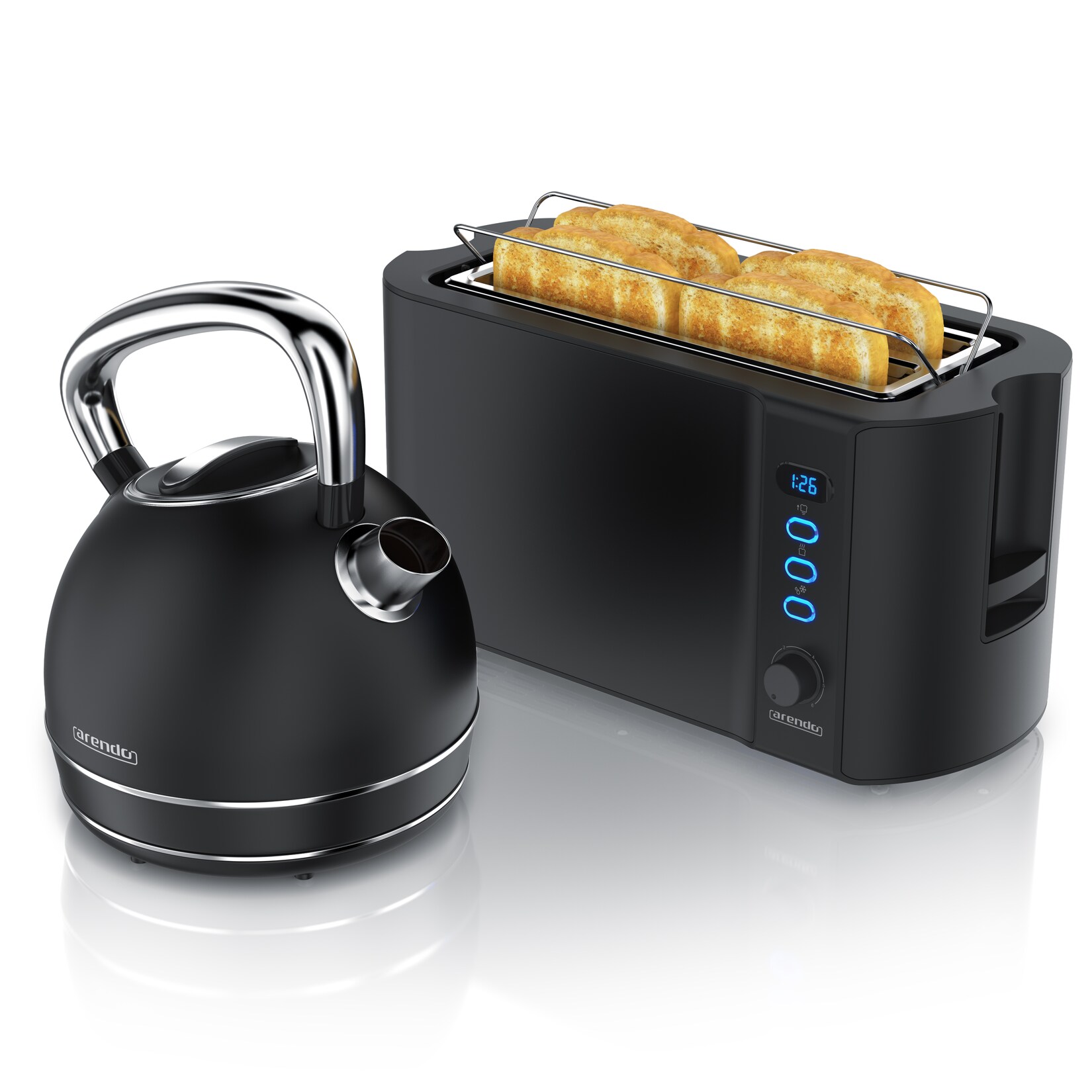 Arendo Frühstücks-Set Edelstahl Wasserkocher 1,7l, 4-Scheiben Langschlitz Toaster, schwarz (2-tlg), Frühstücksset, Wasserkocher Retro, 2200W