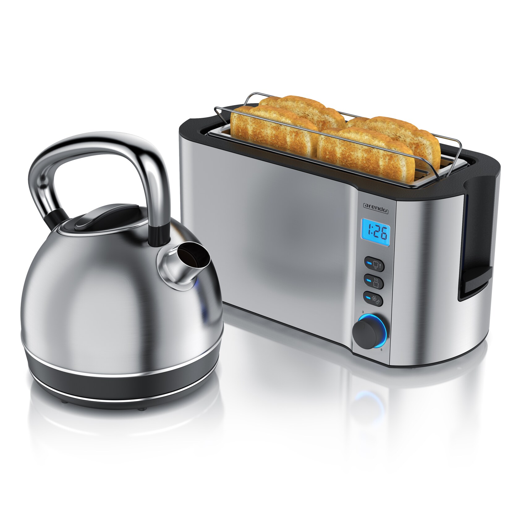 Arendo Frühstücks-Set Edelstahl Wasserkocher 1,7l, 4-Scheiben Langschlitz Toaster, silber (2-tlg), Frühstücksset, Wasserkocher Retro, 2200W