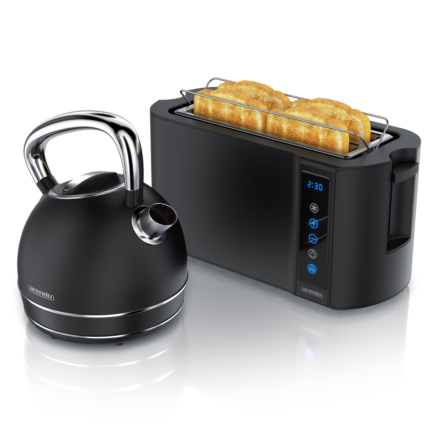 Arendo Frühstücks-Set Edelstahl Wasserkocher 1,7l, 4-Scheiben Langschlitz Toaster, schwarz (2-tlg), Frühstücksset, Wasserkocher Retro
