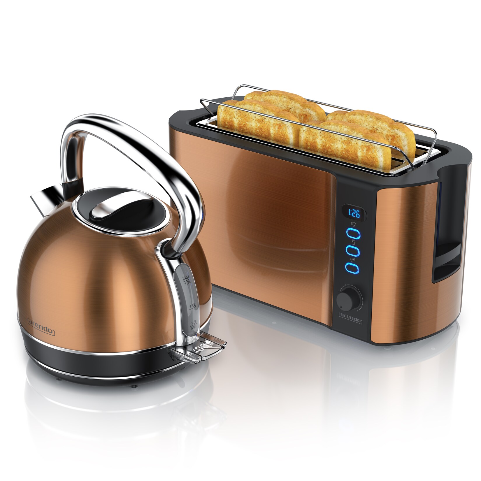 Arendo Frühstücks-Set Edelstahl Wasserkocher 1,7l, 4-Scheiben Langschlitz Toaster, kupfer (2-tlg), Vintage Wasserkocher …