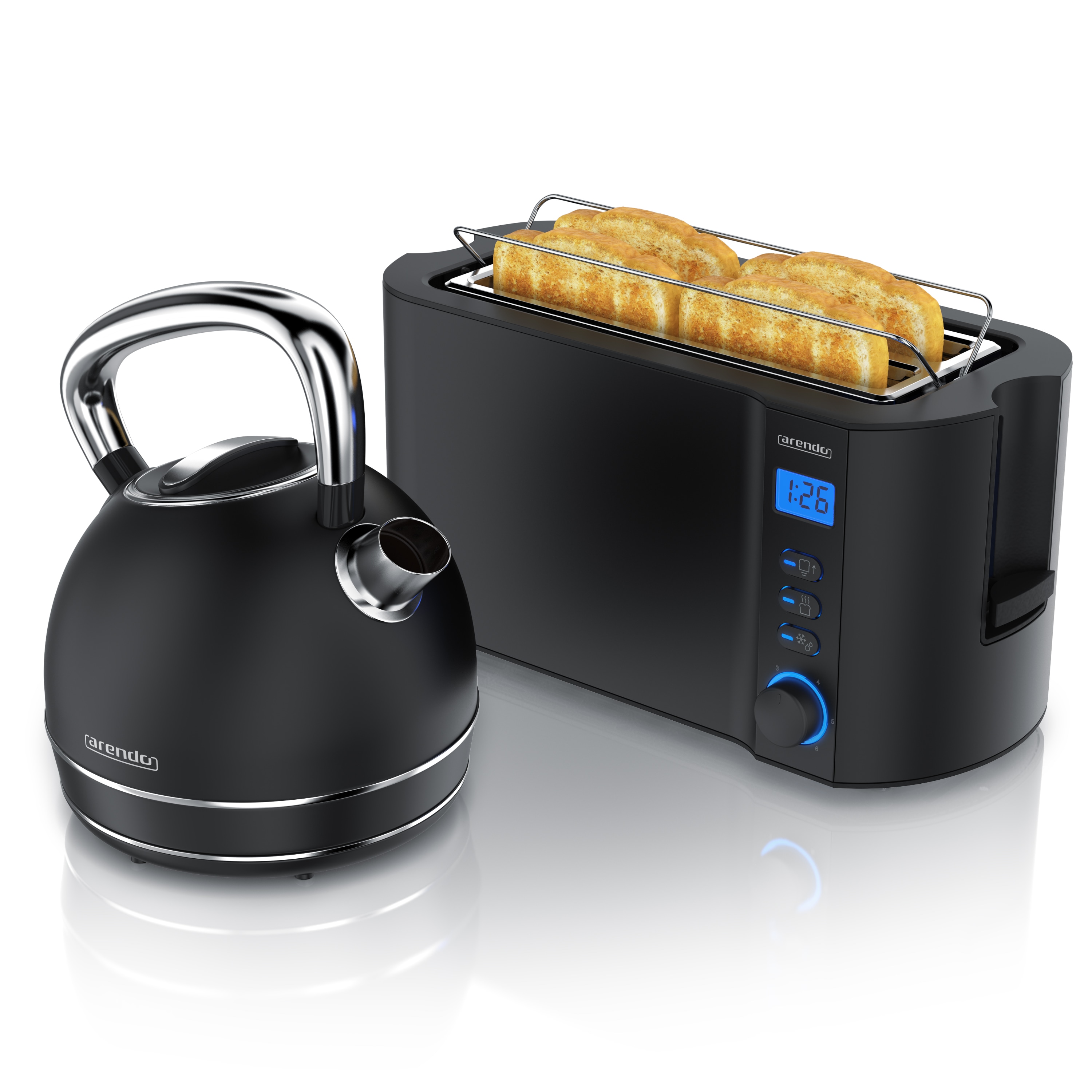 Arendo Fr&uuml;hst&uuml;cks-Set Edelstahl Wasserkocher 1,7l, 4-Scheiben Langschlitz Toaster, schwarz (2-tlg), Fr&uuml;hst&uuml;cksset, Wasserkocher Vintage, 2200W - Bild 1