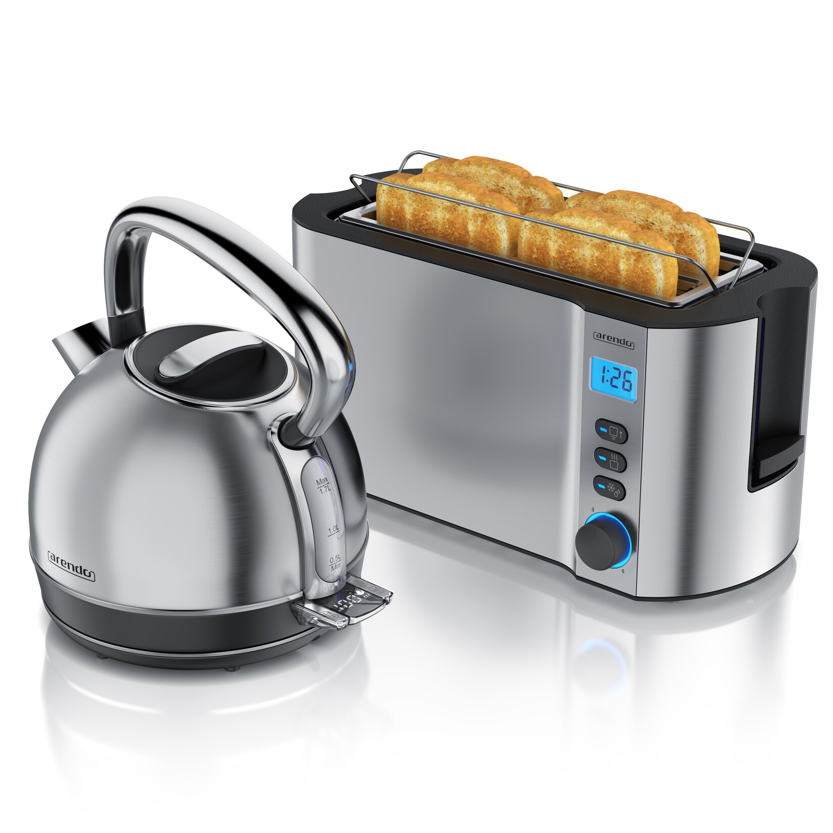 Arendo Frühstücks-Set Edelstahl Wasserkocher 1,7l, 4-Scheiben Langschlitz Toaster, silber (2-tlg), Vintage Wasserkocher …