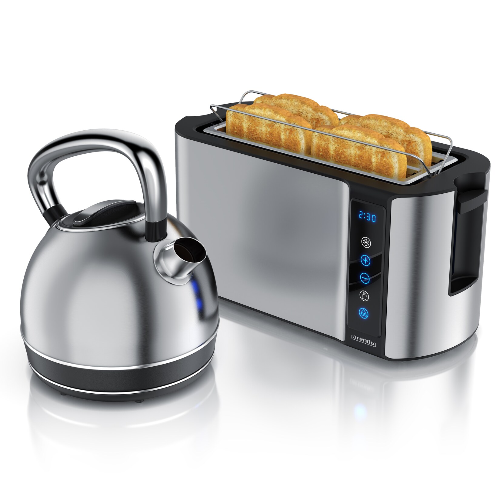 Arendo Frühstücks-Set Edelstahl Wasserkocher 1,7l, 4-Scheiben Langschlitz Toaster, silber (2-tlg), Frühstücksset, Wasserkocher Retro