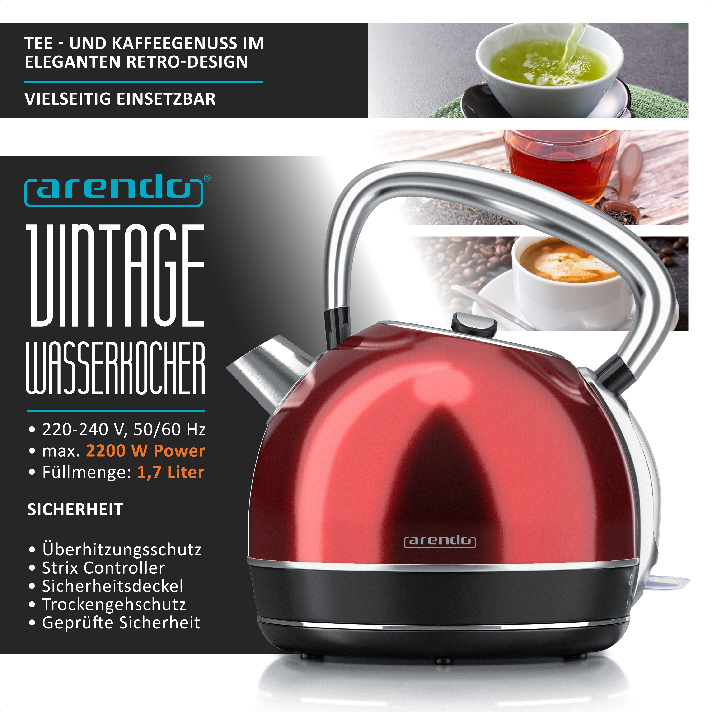 Arendo Frühstücks-Set Edelstahl Wasserkocher 1,7l, 4-Scheiben Langschlitz Toaster, rot (2-tlg), Frühstücksset, Wasserkocher Retro, 2200W online kaufen bei Netto
