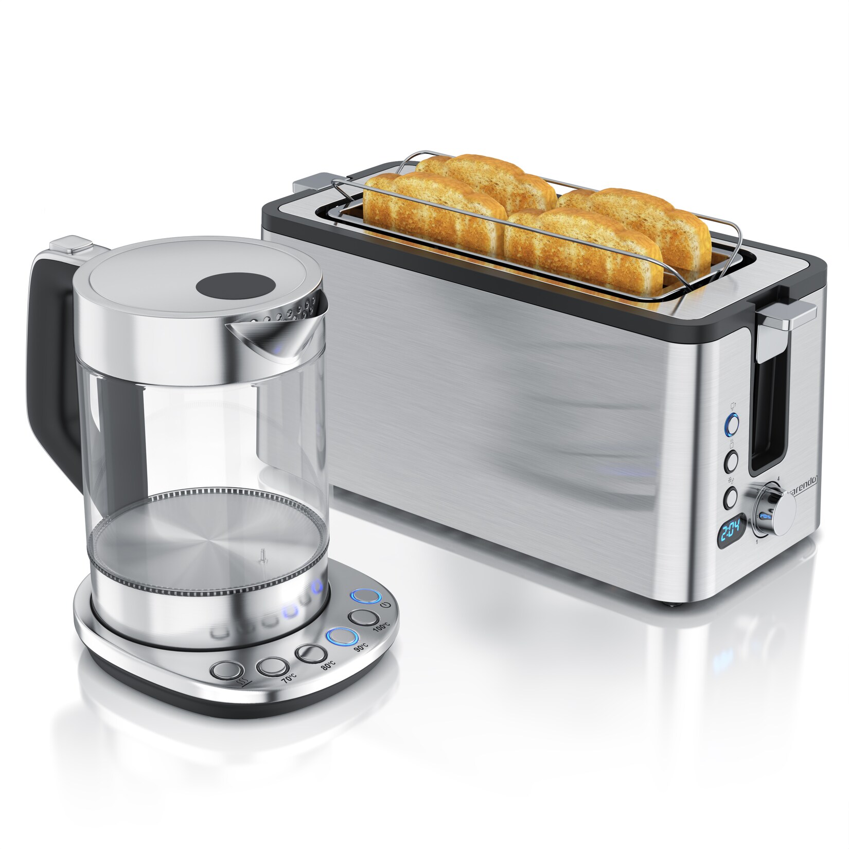 Arendo Frühstücks-Set mit Wasserkocher 1,5 l und 4-Scheiben-Langschlitztoaster, Temperaturwahl, Restzeitanzeige und Brötchenaufsatz