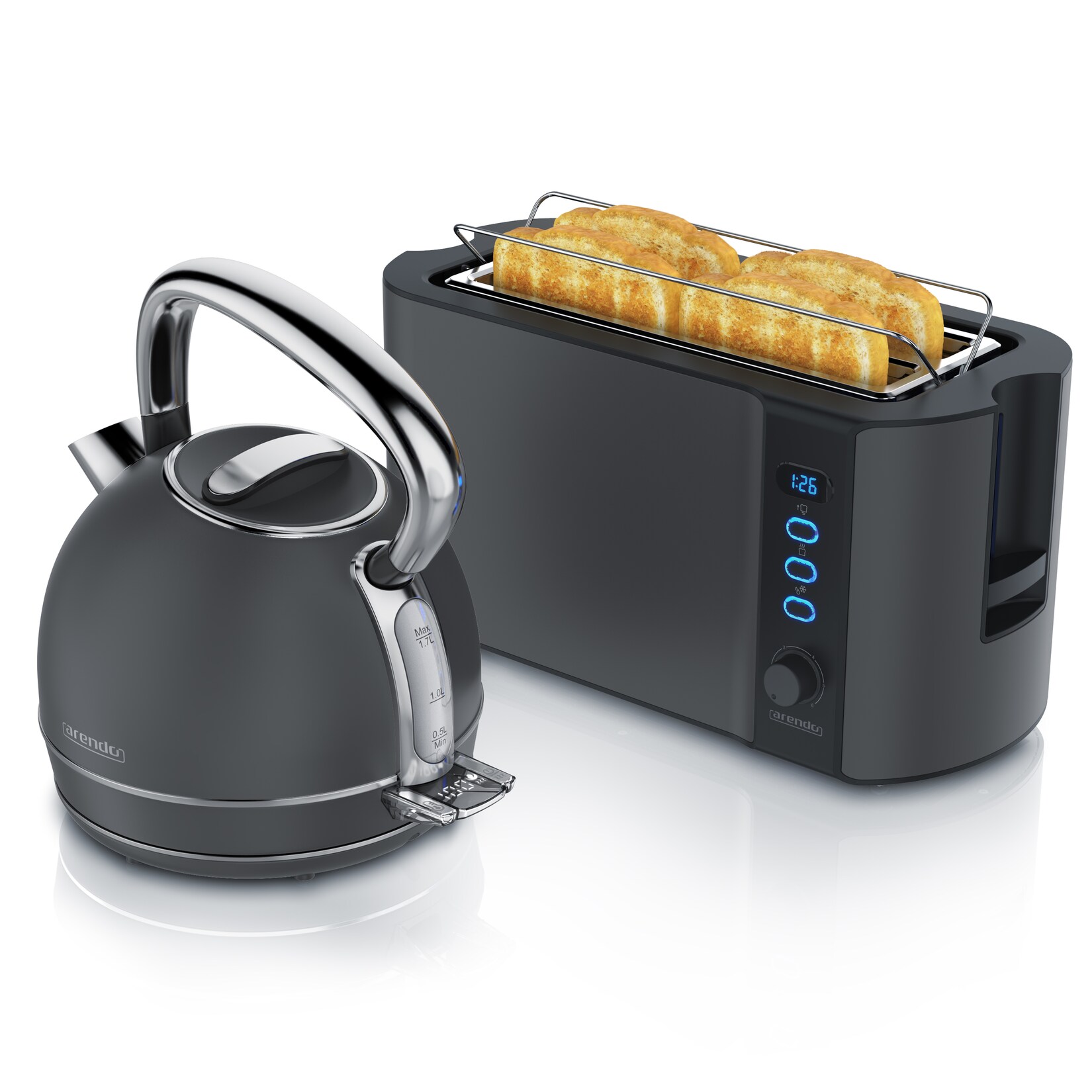 Arendo Frühstücks-Set Edelstahl Wasserkocher 1,7l, 4-Scheiben Langschlitz Toaster, Cool Grey (2-tlg), Vintage Wasserkocher …