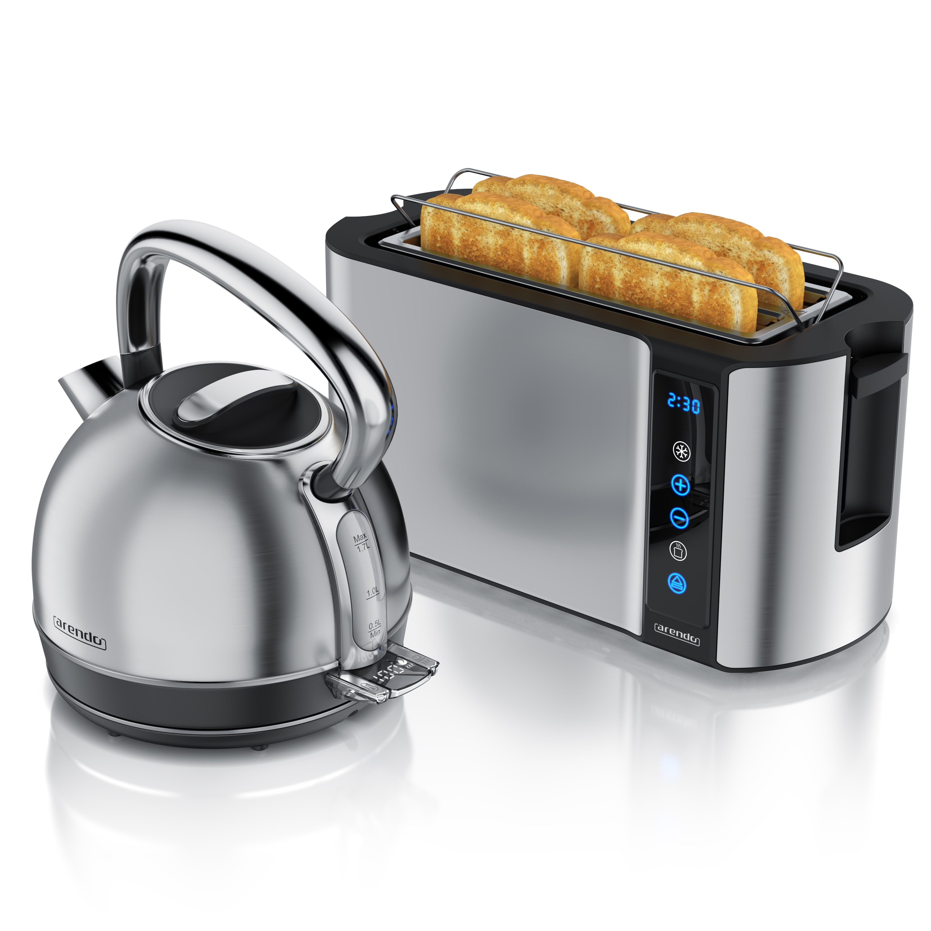 Arendo Fr&uuml;hst&uuml;cks-Set Edelstahl Wasserkocher 1,7l, 4-Scheiben Langschlitz Toaster, silber (2-tlg), Wasserkocher Temperatureinstellung - Bild 1