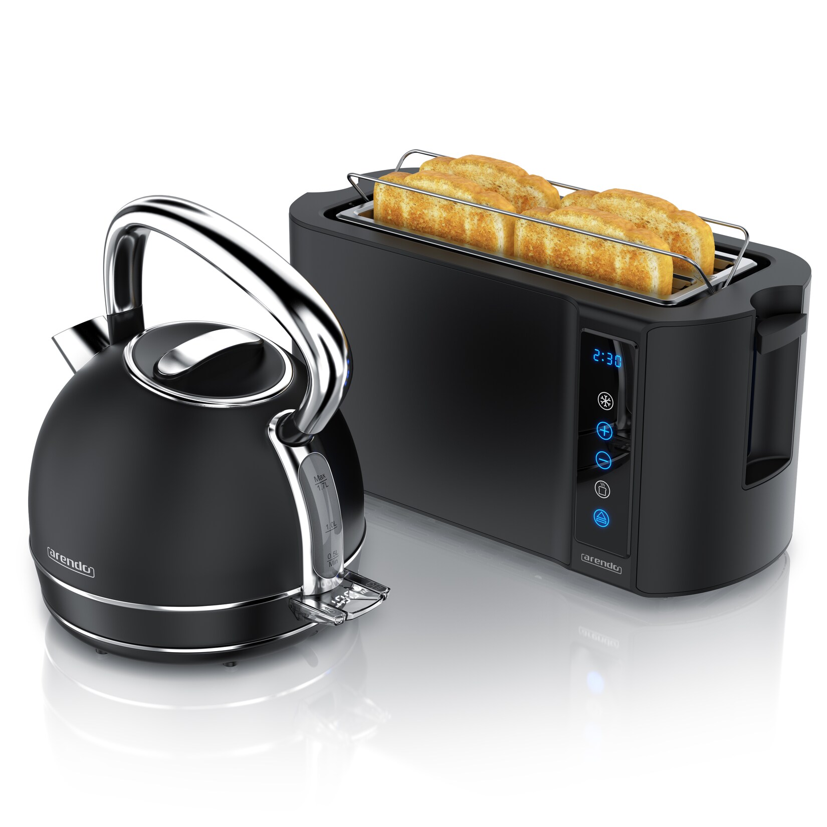 Arendo Frühstücks-Set Edelstahl Wasserkocher 1,7l, 4-Scheiben Langschlitz Toaster, schwarz (2-tlg), Wasserkocher Temperatureinstellung