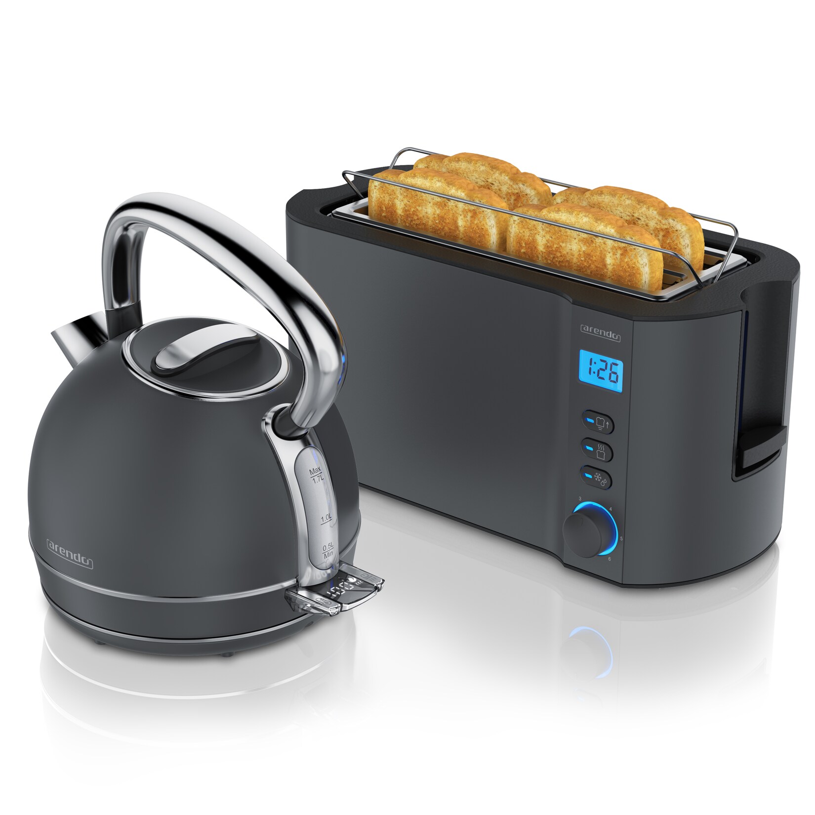 Arendo Frühstücks-Set Edelstahl Wasserkocher 1,7l, 4-Scheiben Langschlitz Toaster, Cool Grey (2-tlg), Vintage Wasserkocher …